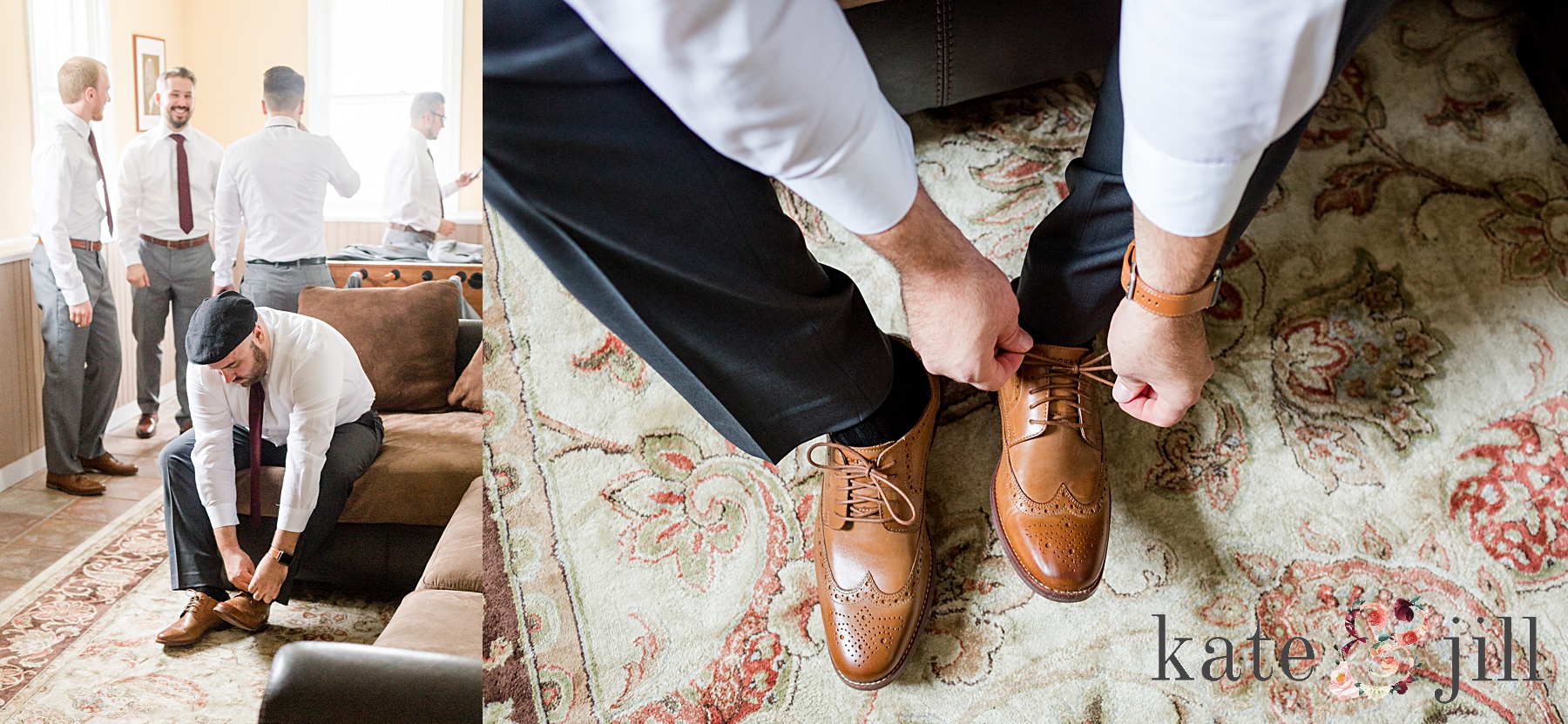 groom lacing up his shoes