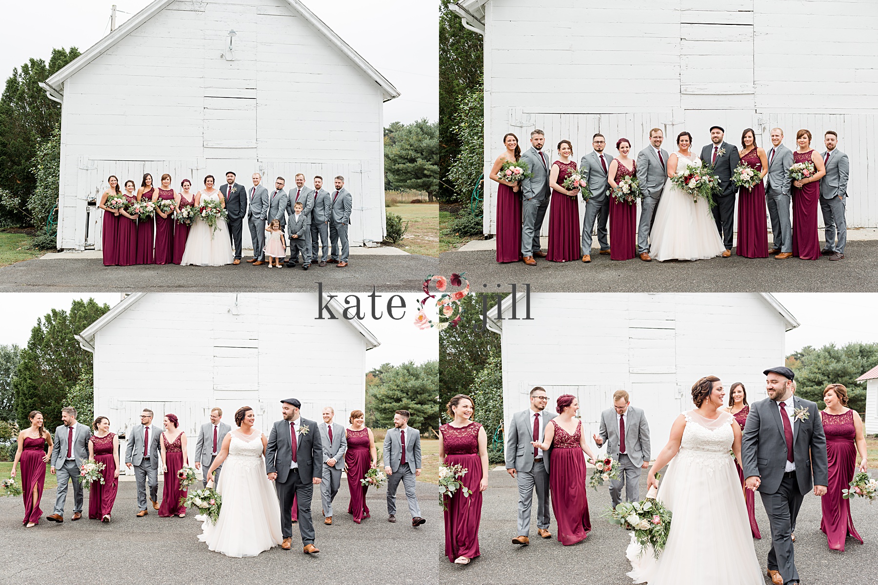 wedding party photos in front of barn