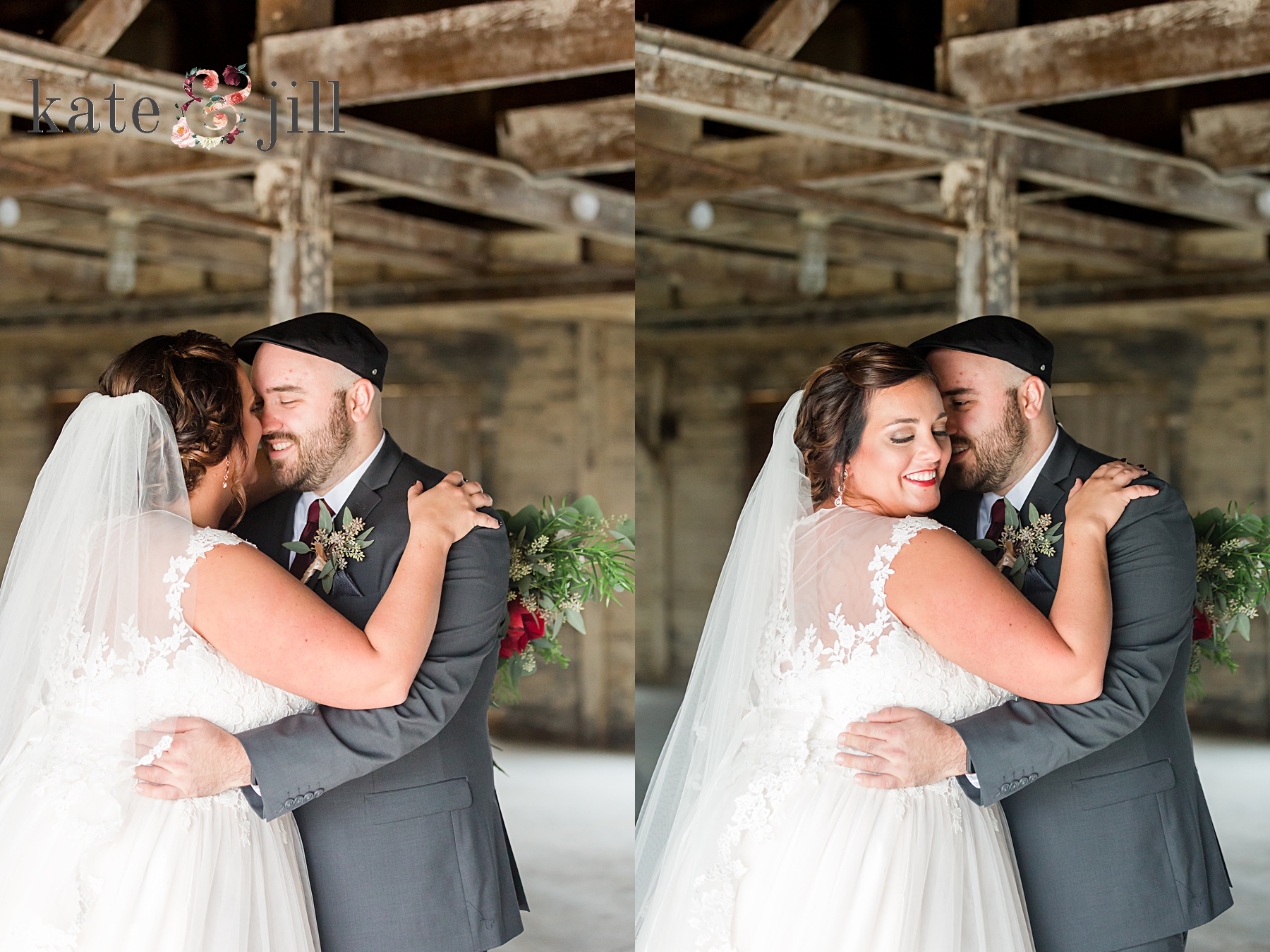 bride and groom portraits inside barn