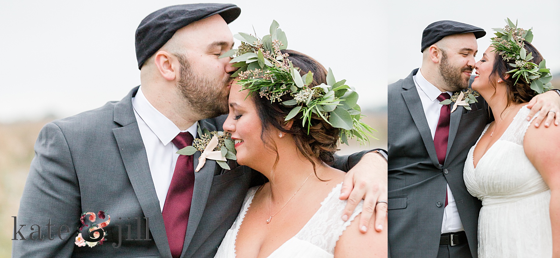 bride and groom portraits with flower crown