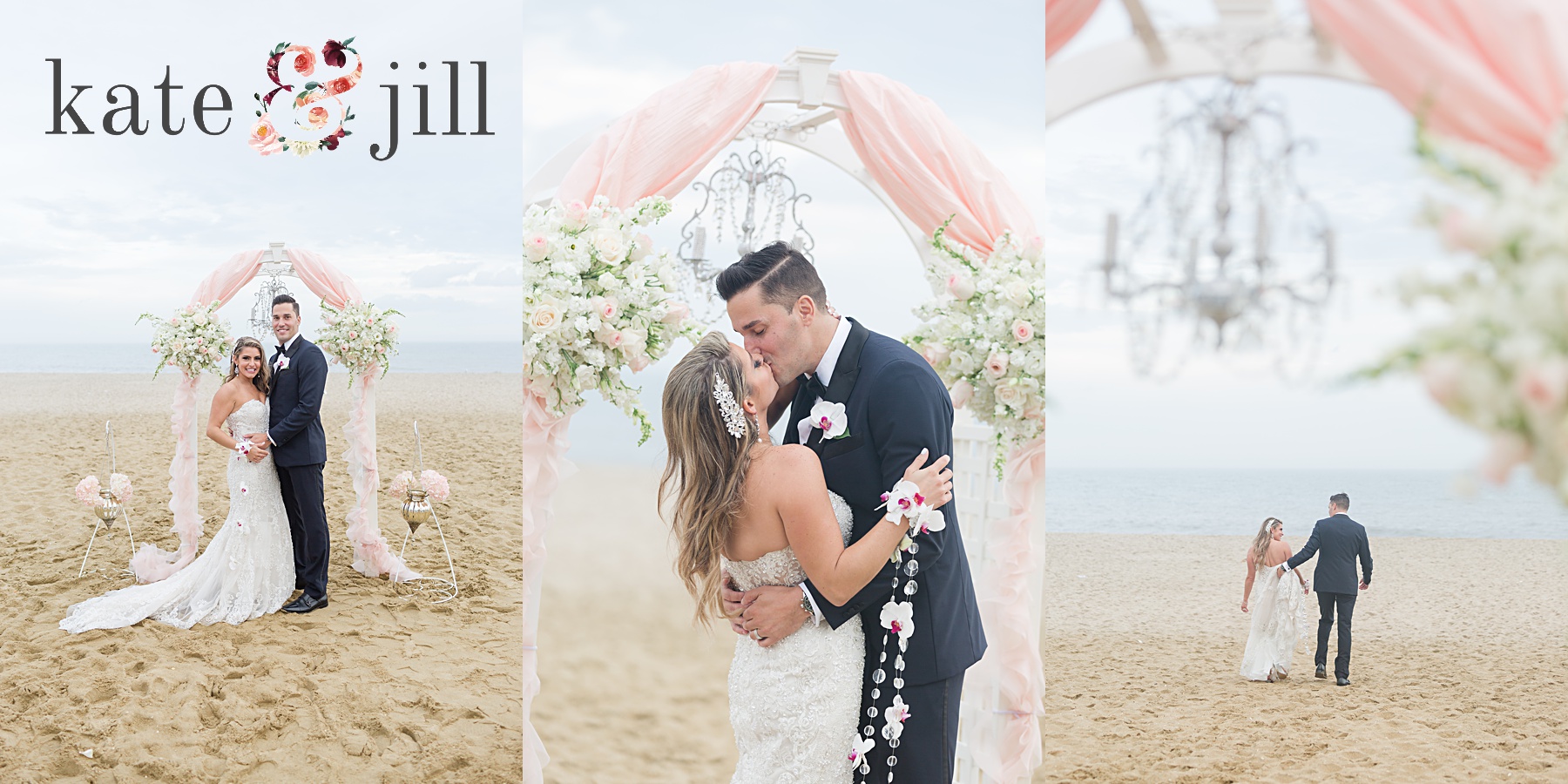 bride and groom kissing under archway with chandelier mcloone's pier house long branch
