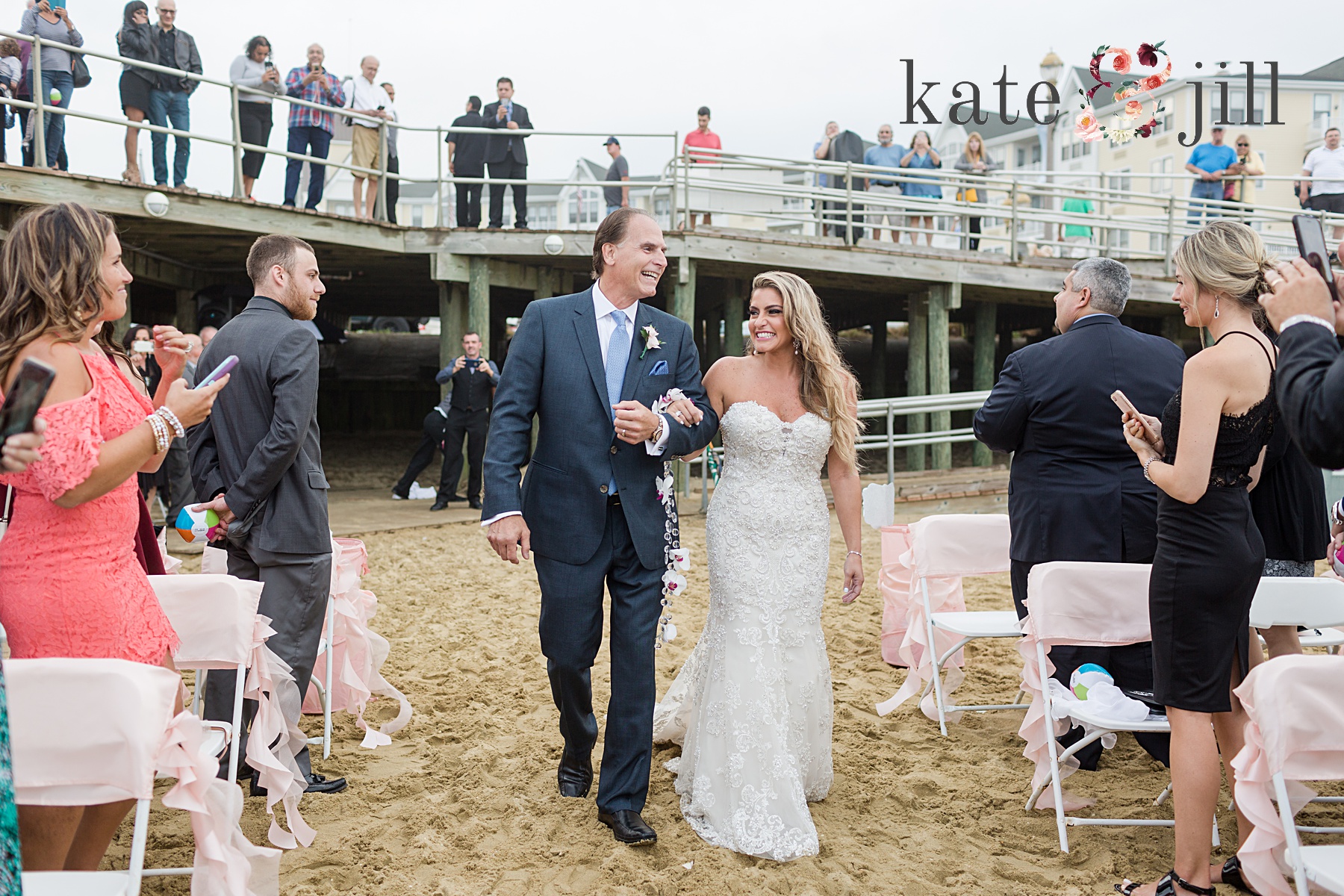 bride and her father walking down aisle on beach mcloone's pier house long branch