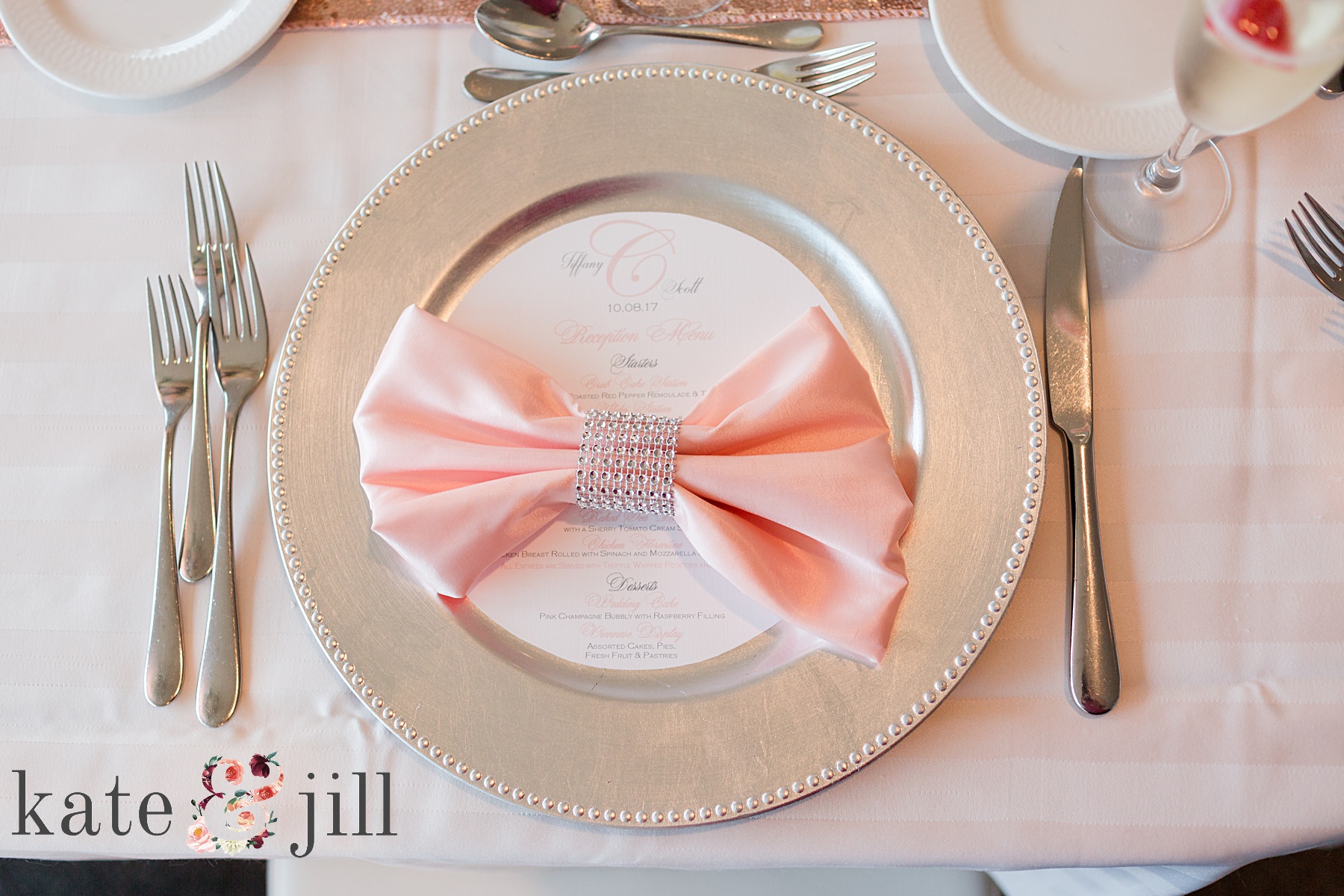 silver and pink wedding place settings mcloone's pier house long branch
