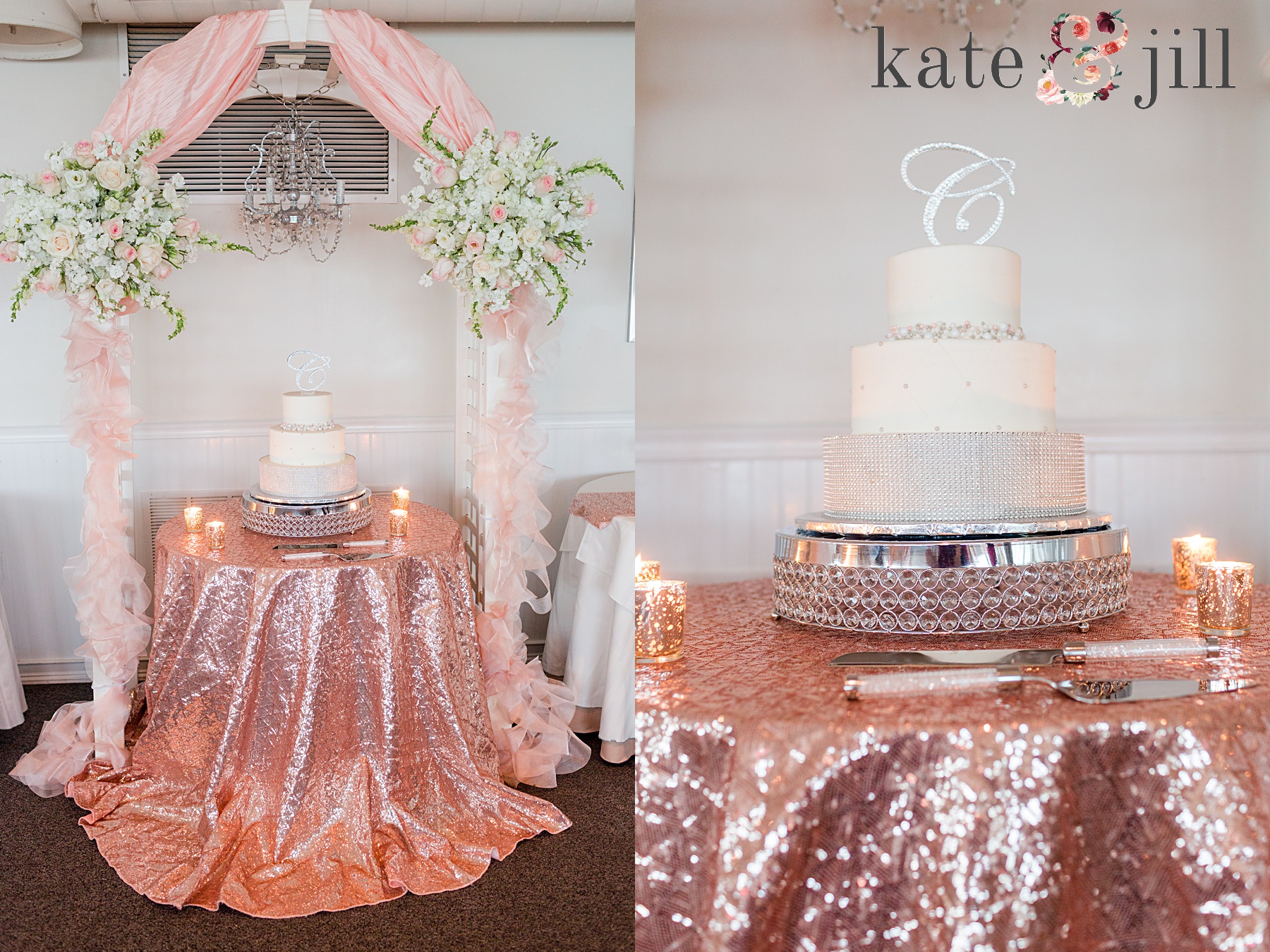 white wedding cake with rhinestone cake topper and rose gold table cloth mcloone's pier house long branch