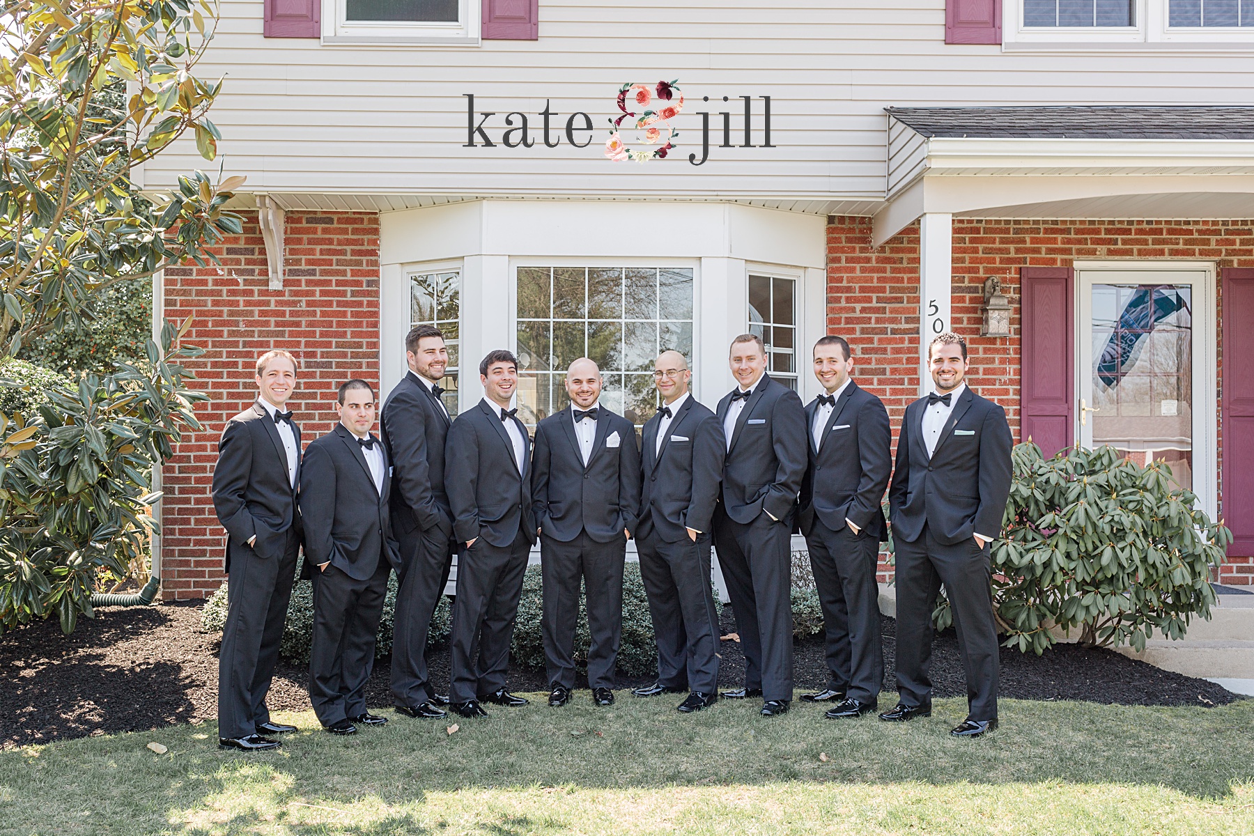 groomsmen photo in front of house woodcrest country club wedding