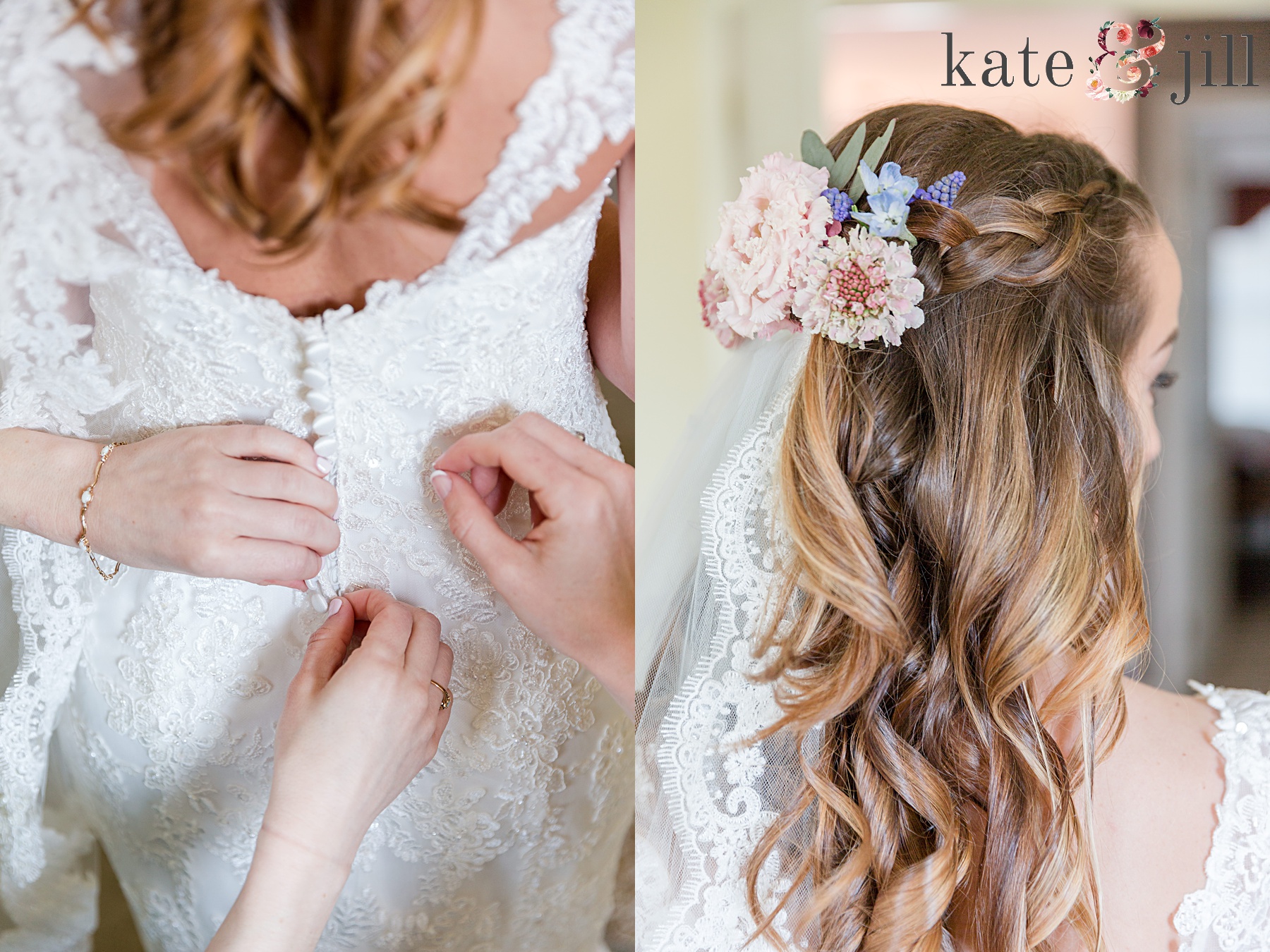 bride buttoning up dress and floral headpiece woodcrest country club wedding