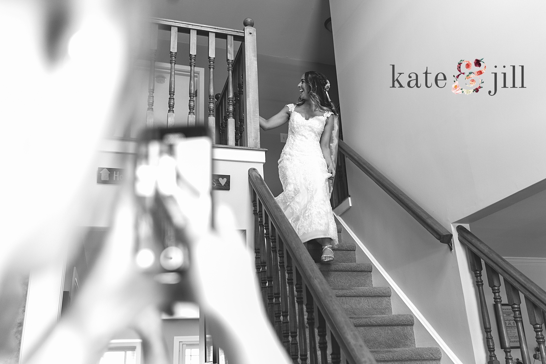 bride coming down stairs for the the first time woodcrest country club wedding