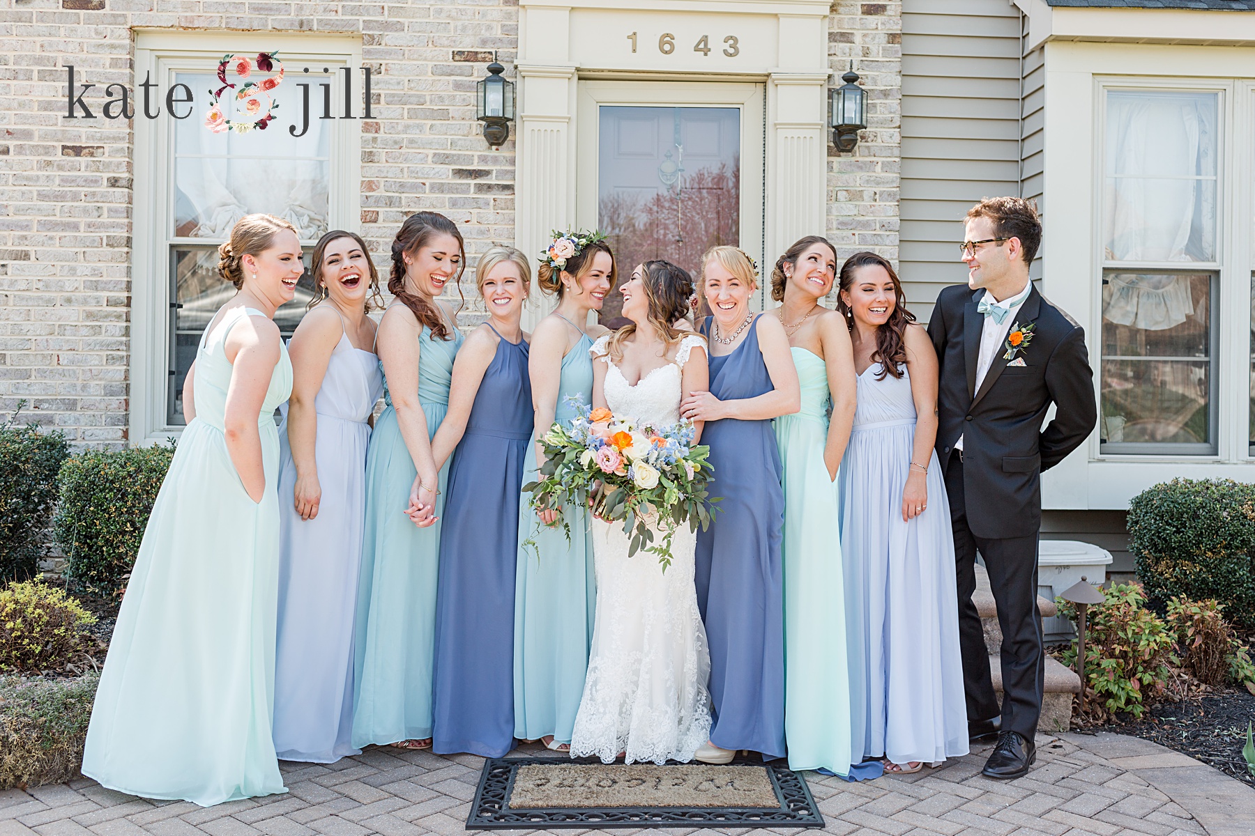 bridesmaid photo in front of house woodcrest country club wedding