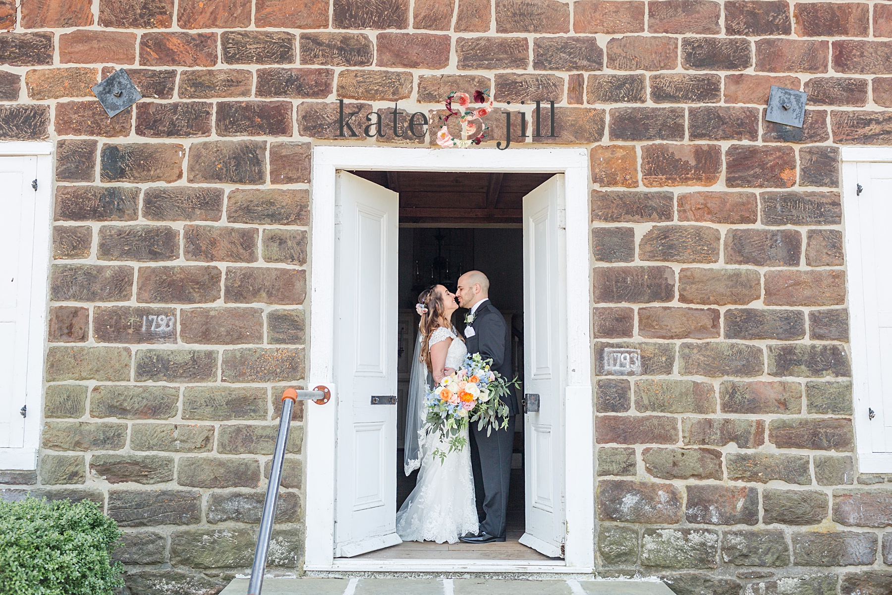 bride and groom portrait in church doors woodcrest country club wedding