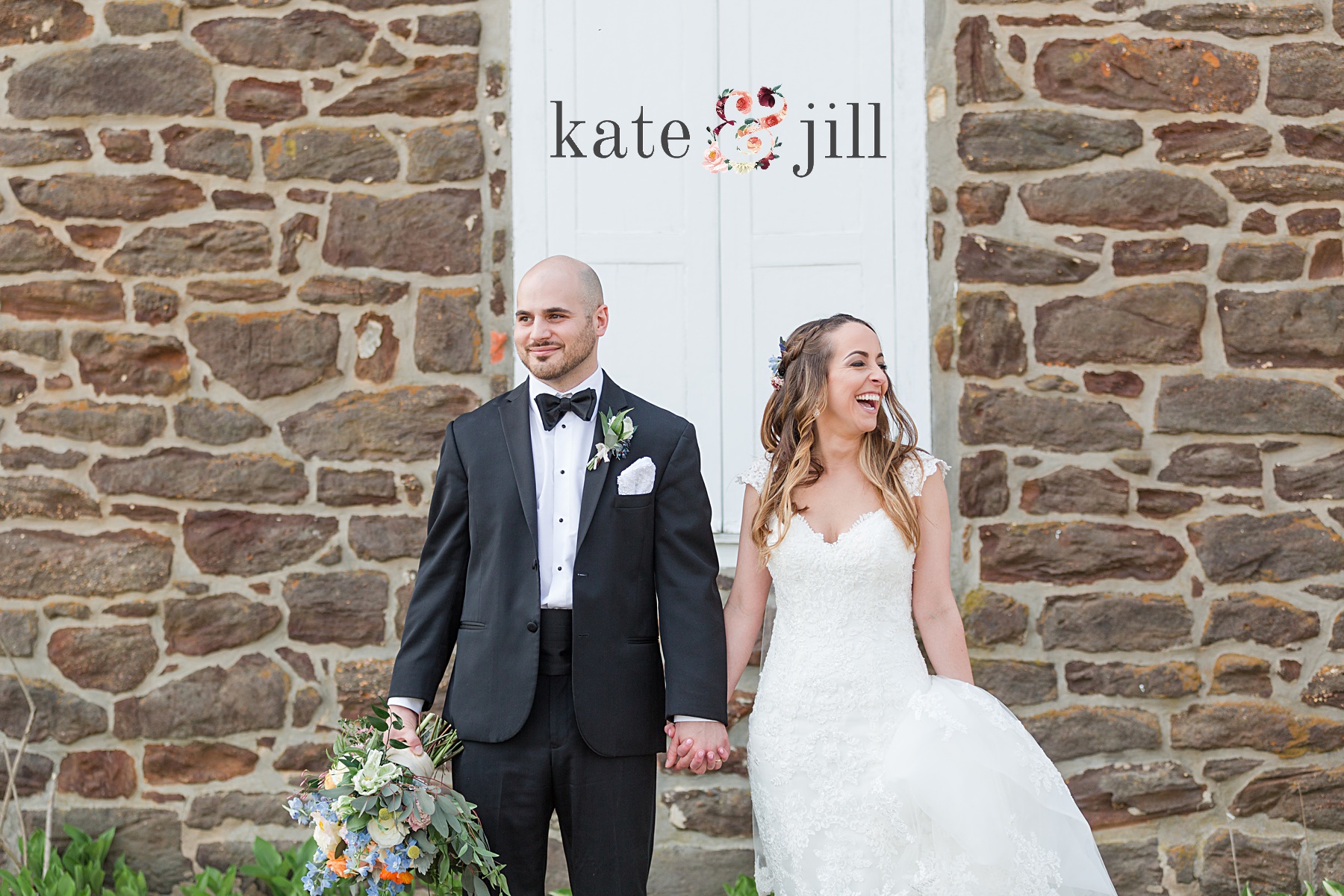 bride and groom laughing in front of church holding hands woodcrest country club wedding