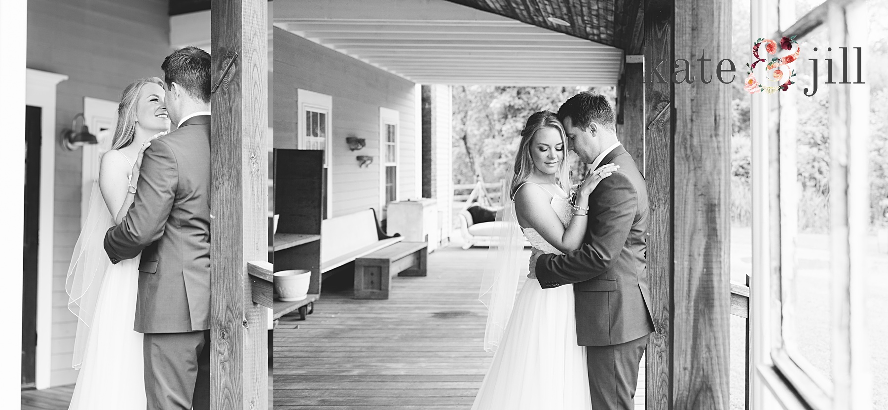 bride and groom kissing on porch black and white