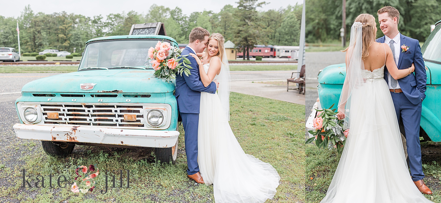 bride and groom with vintage truck