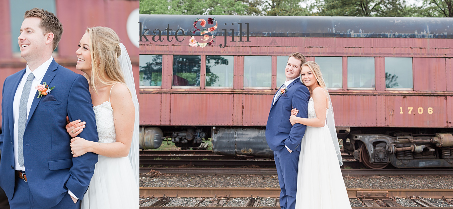 bride and groom in front of train