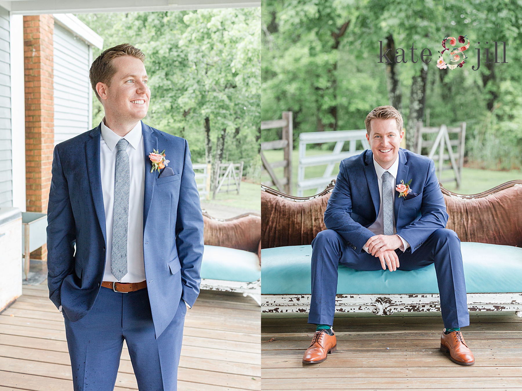 groom portraits on porch on couch