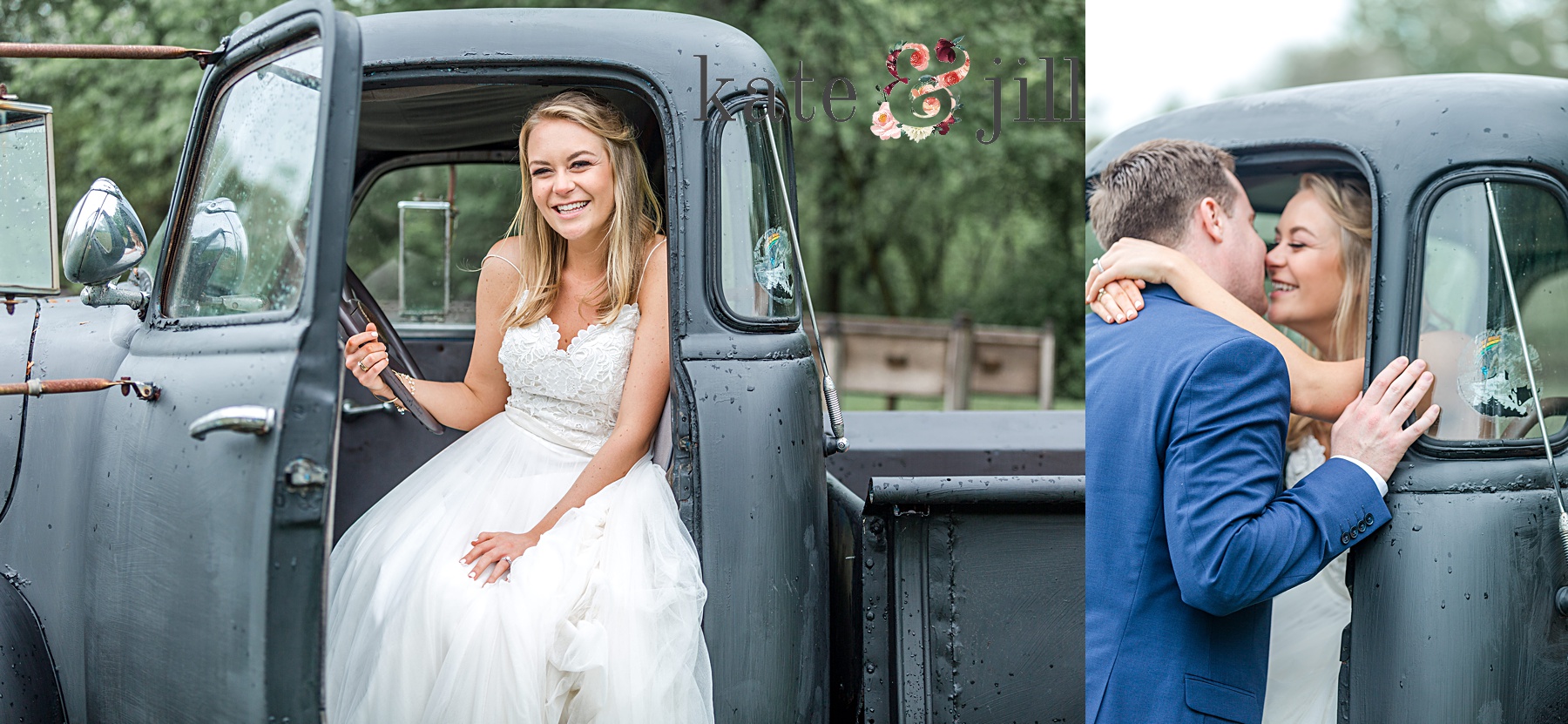 bride and groom inside vintage truck