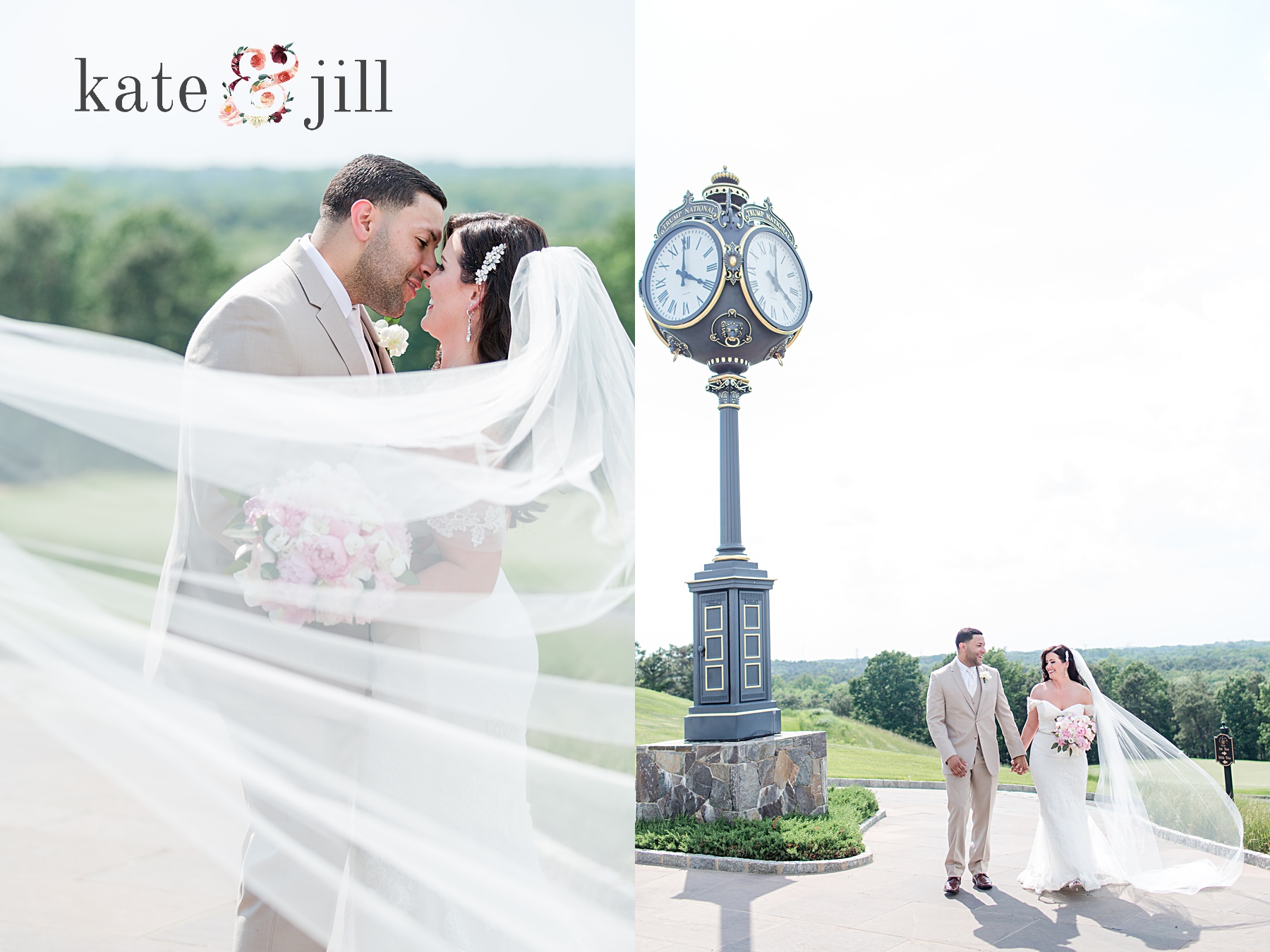 bride and groom portraits in front of clock tower