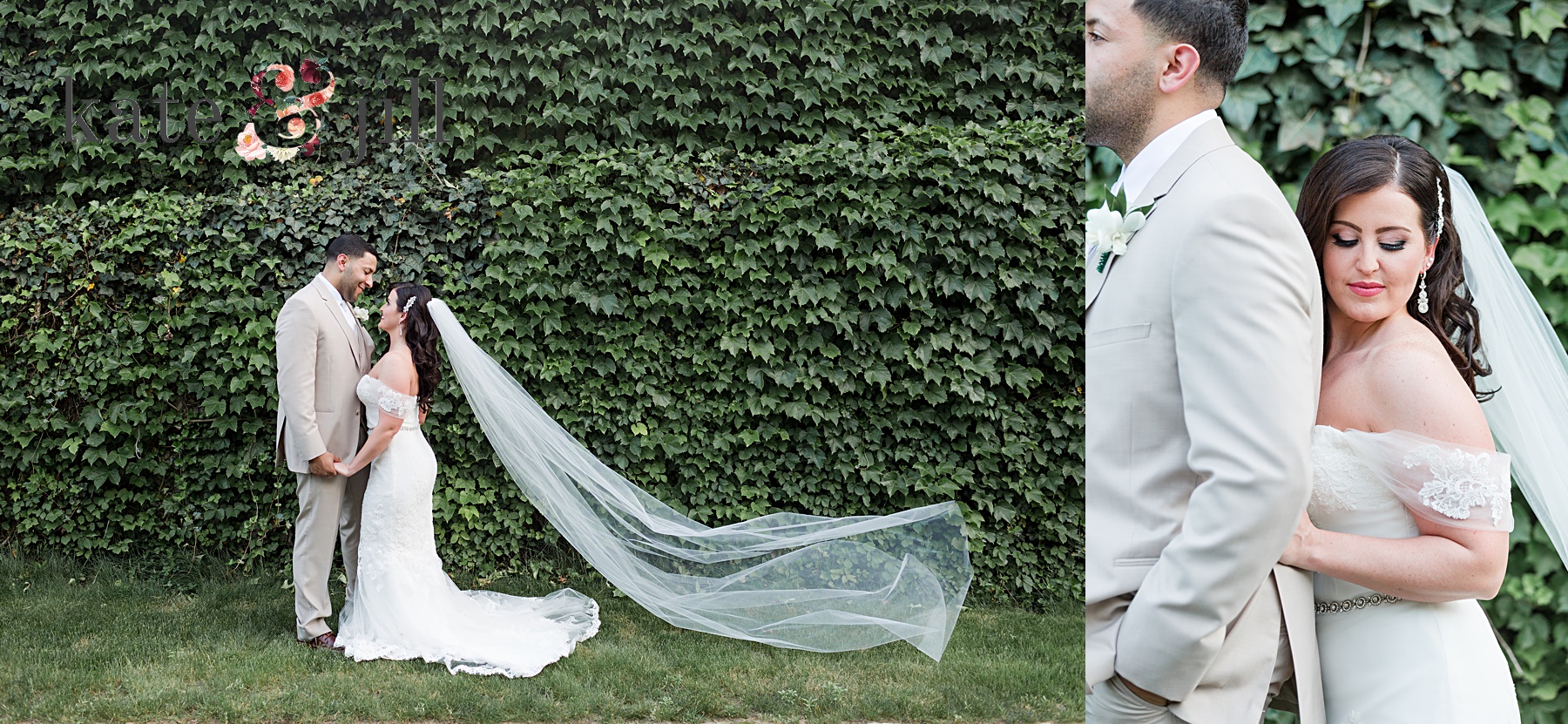bride and groom in front of ivy wall veil flying