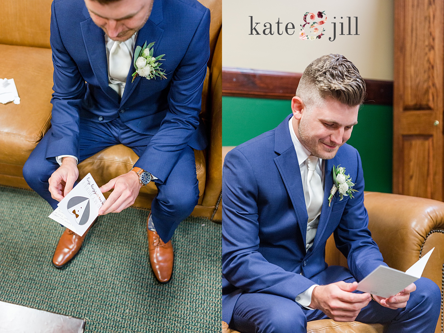 groom reading card from bride