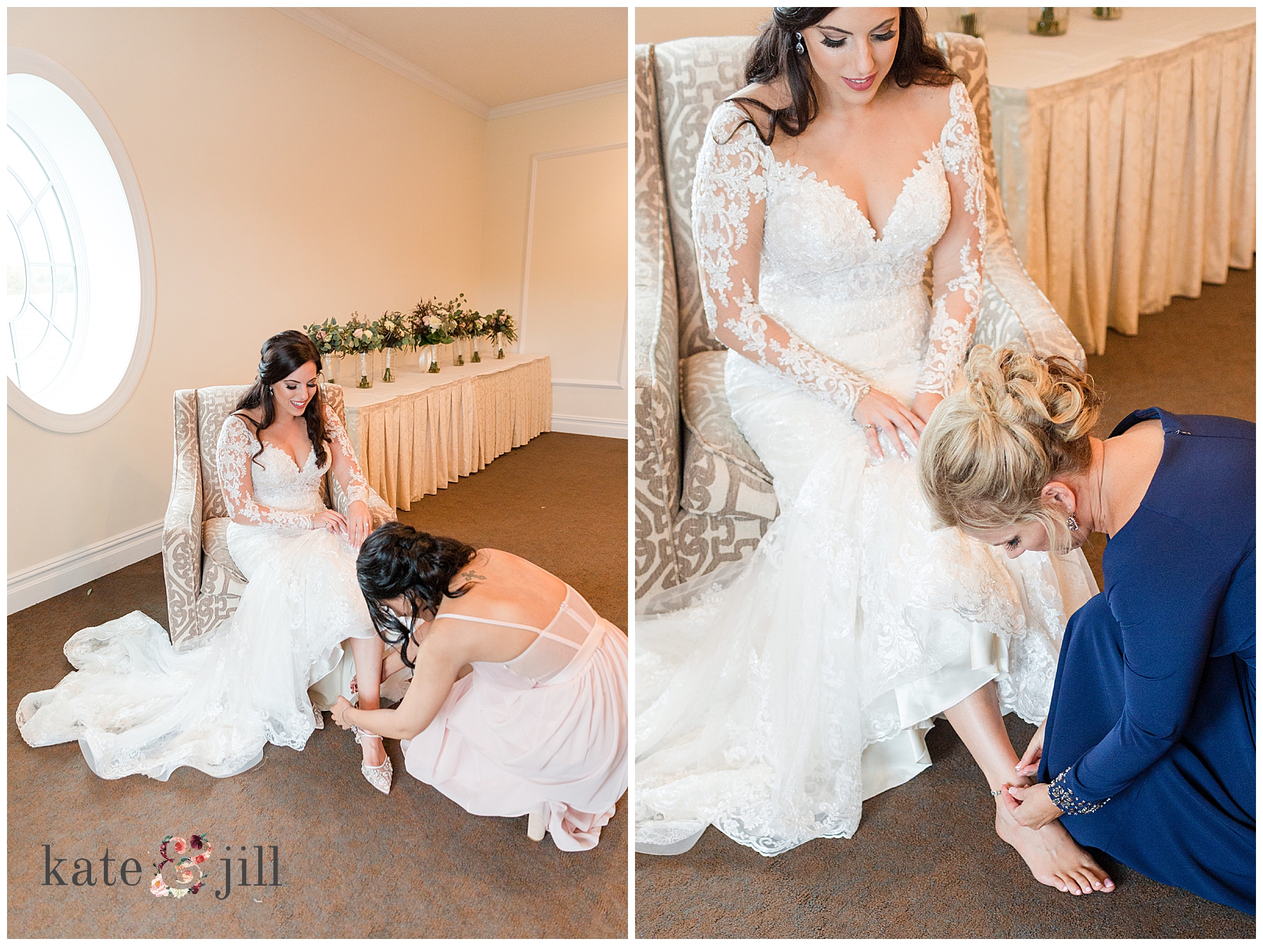 bride putting shoes on 