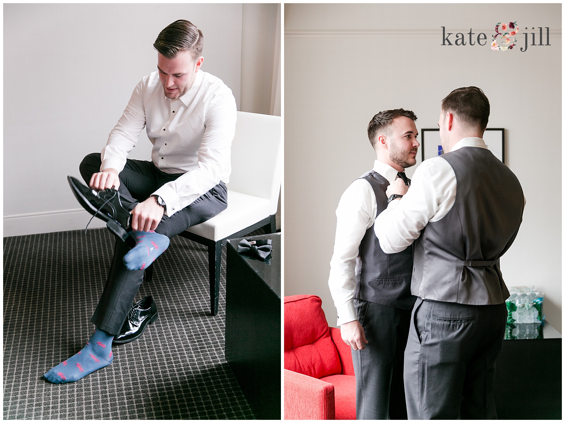groom putting shoes and tie on