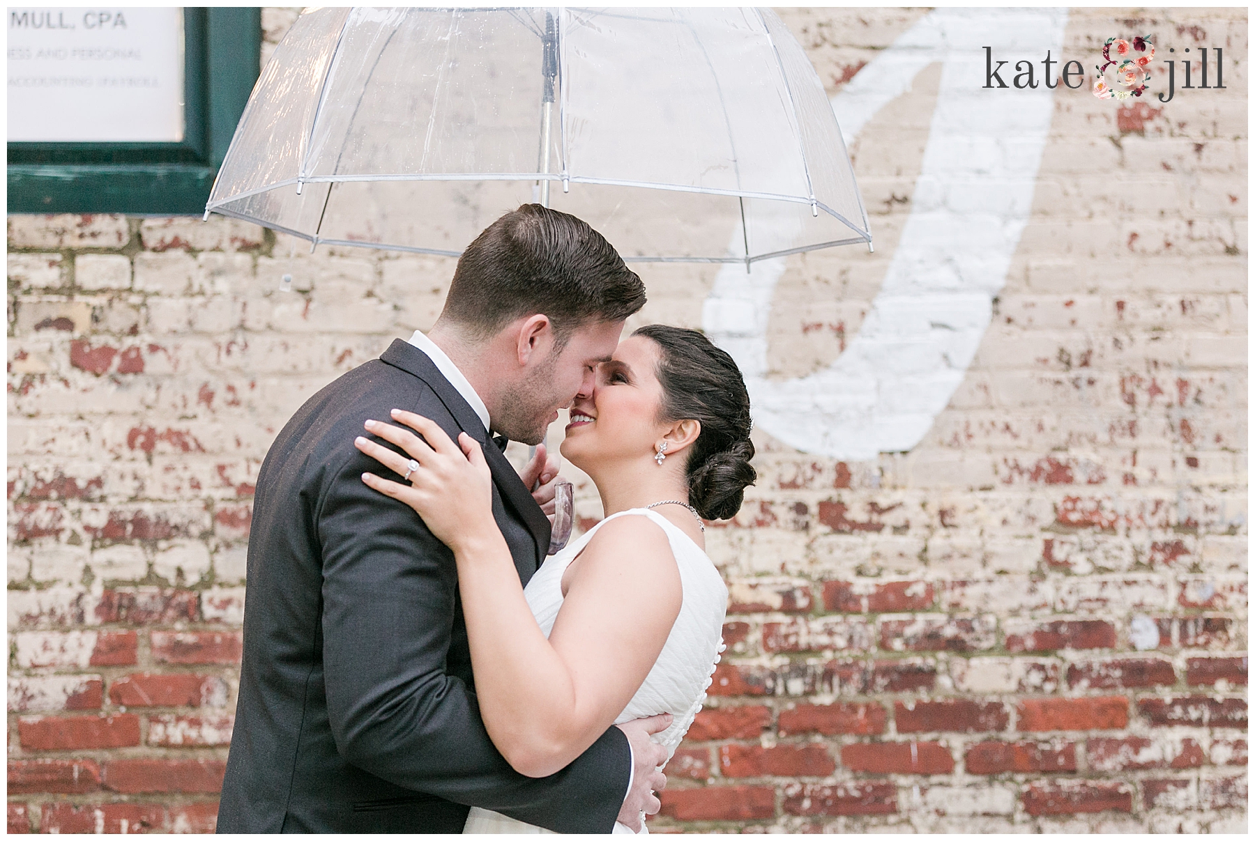 bride and groom with umbrella 