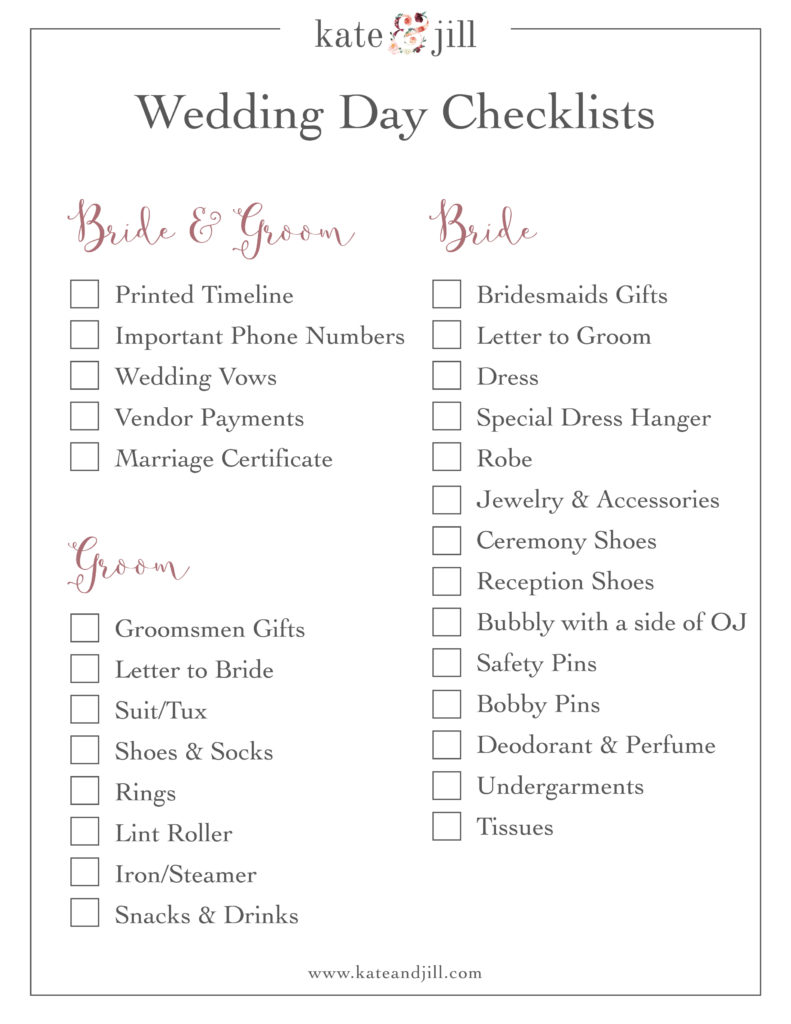 Wedding Day Checklist Kate + Jill