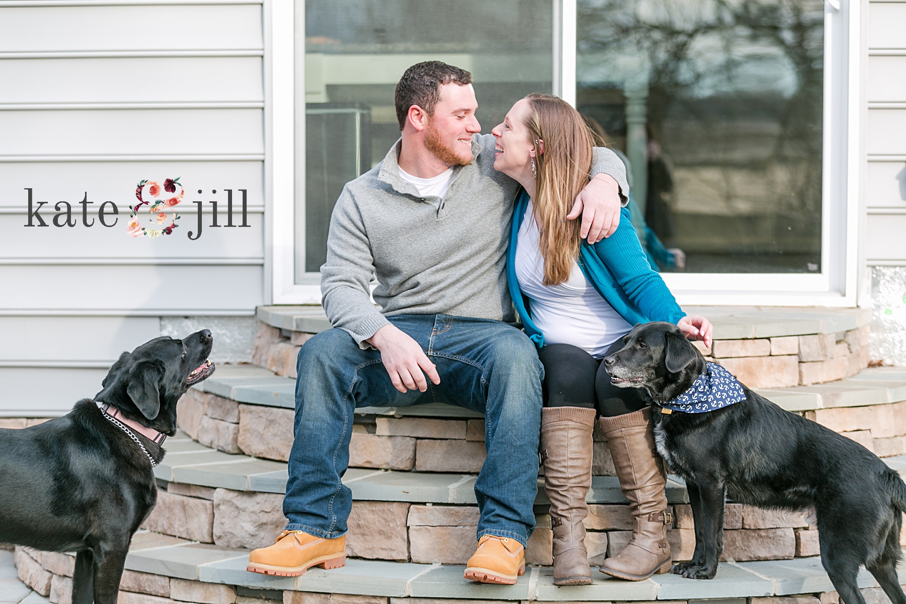 low key engagement session at home with dogs