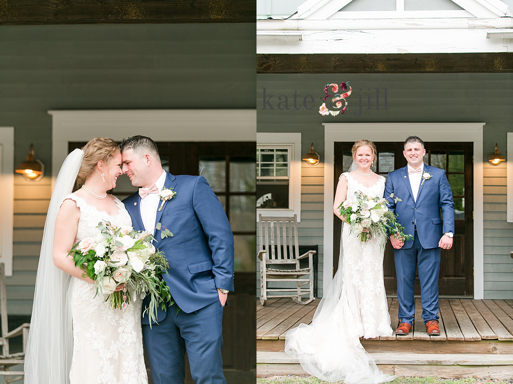 bride and groom in front of front porch