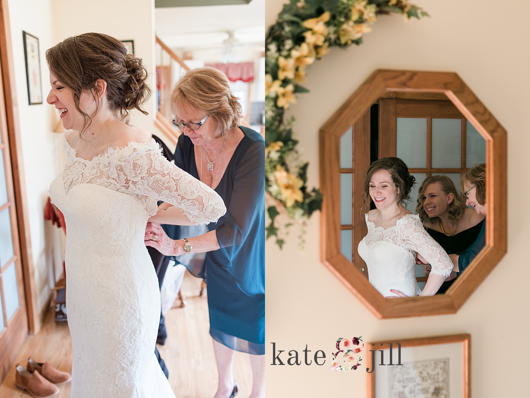bride getting dressed with mom