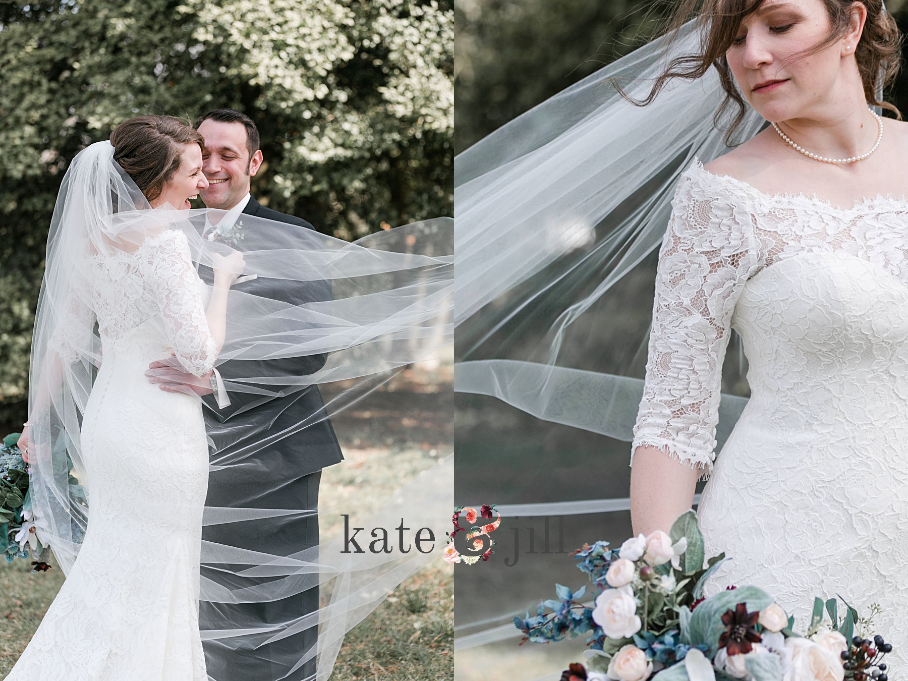 bride and groom wind blowing veil