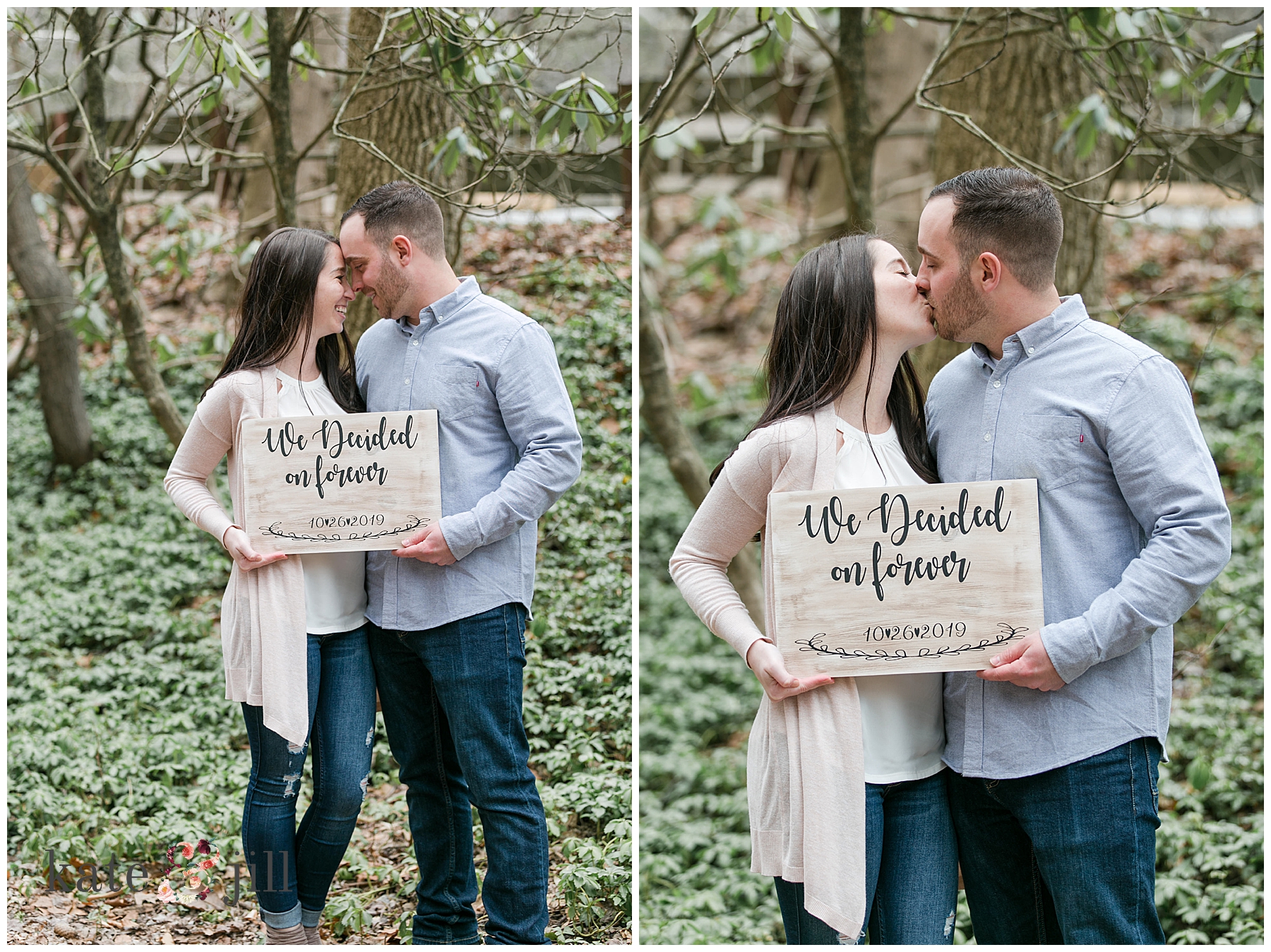 couple holding sign save the date philadelphia park engagement