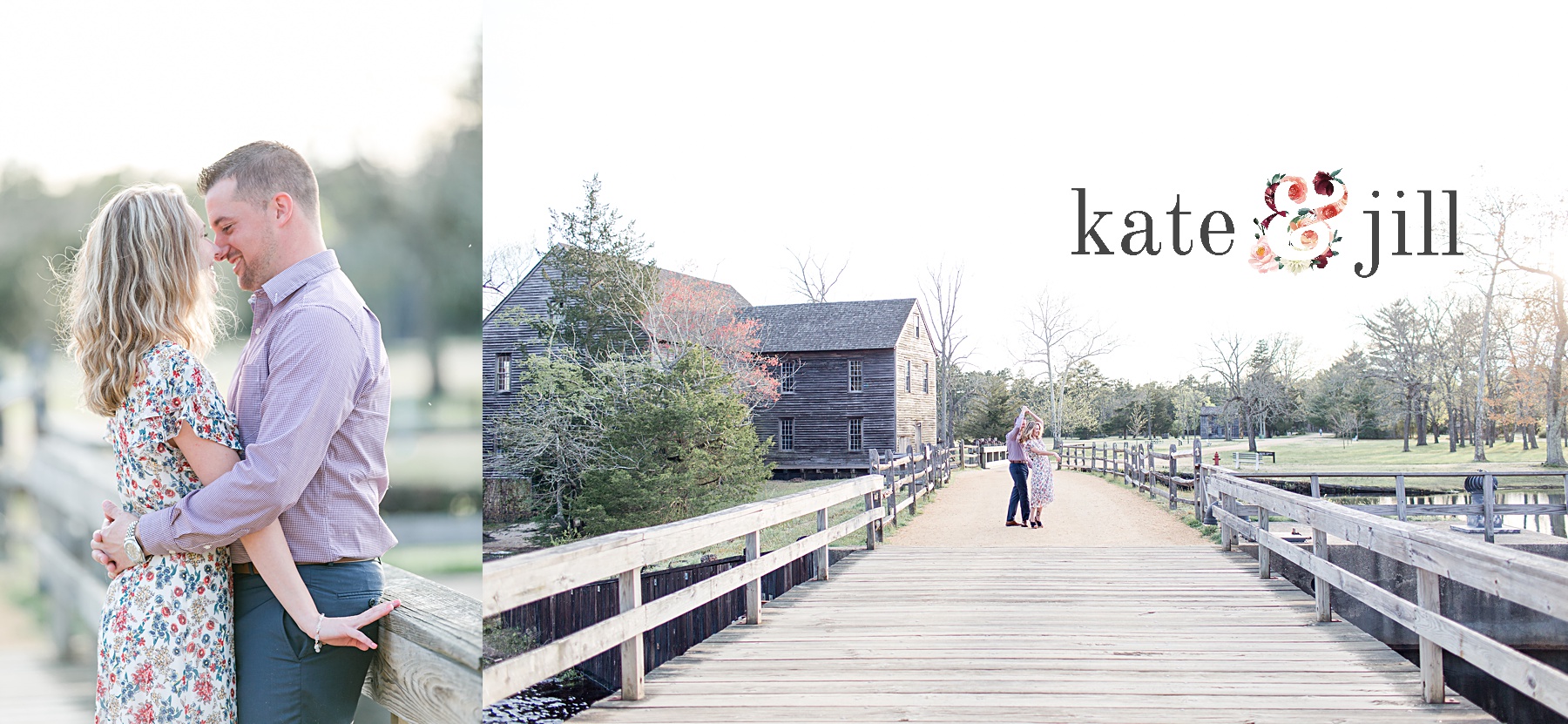 couple on bridge twirling batsto village engagement photos