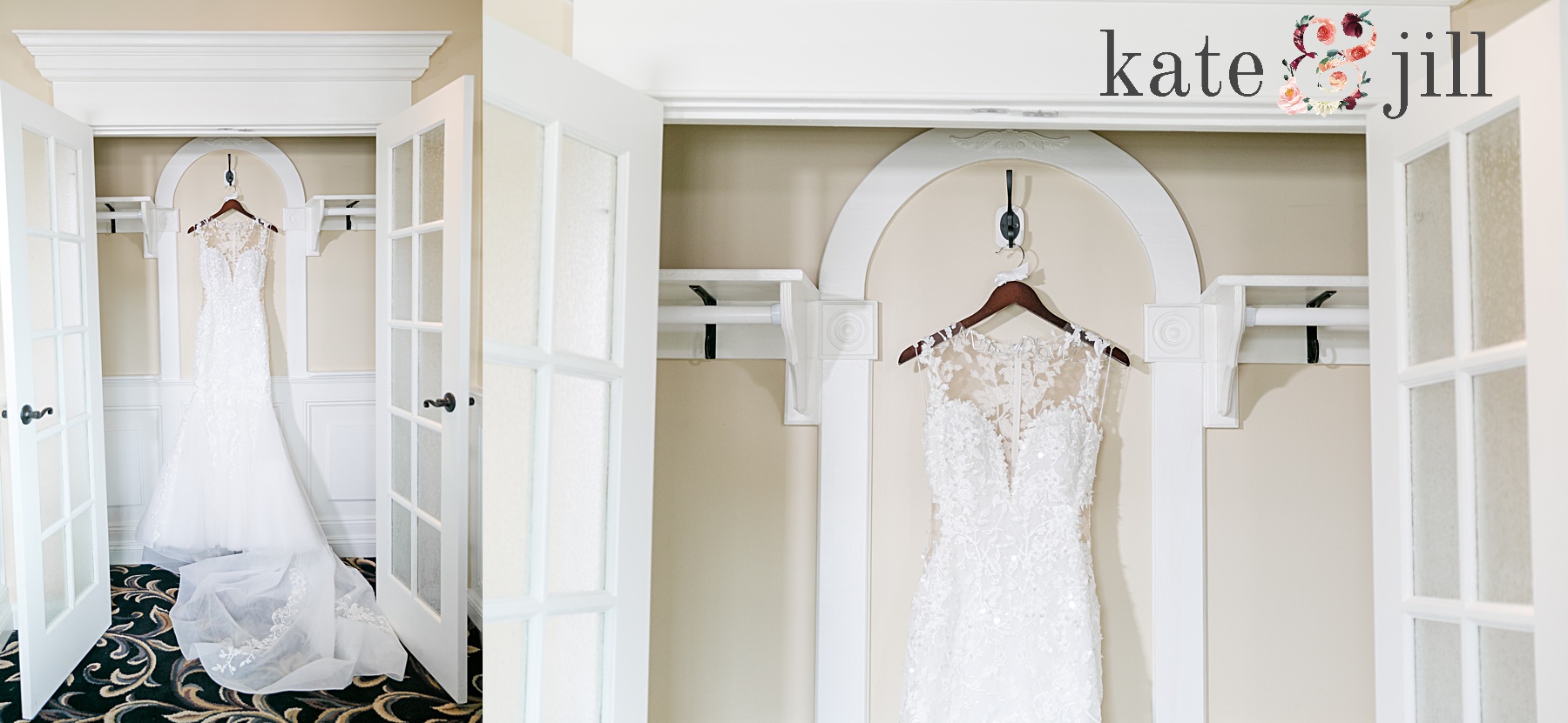 bridal gown hanging at clarks landing yacht club