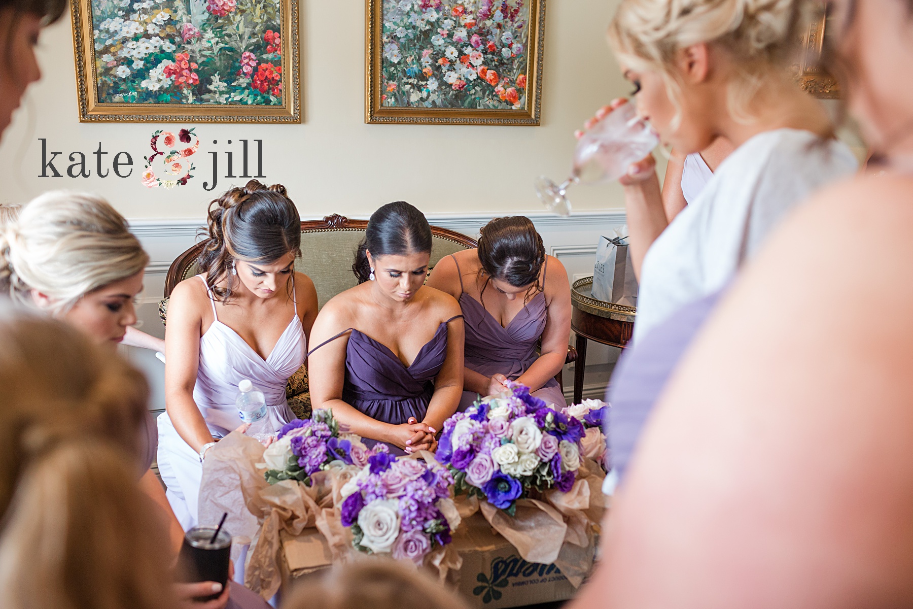 bridesmaids praying before wedding