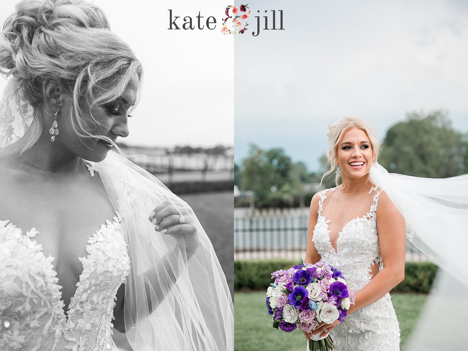 bridal portraits with purple wedding bouquet