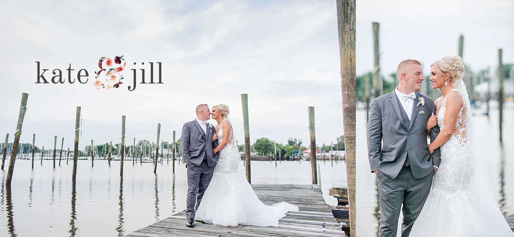 bride and groom on docks at clarks landing yacht club
