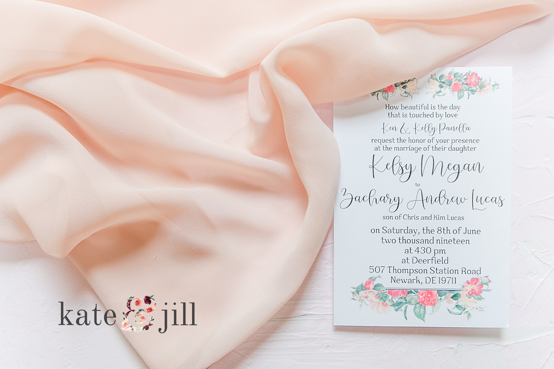 invitation with pink bridesmaid gown