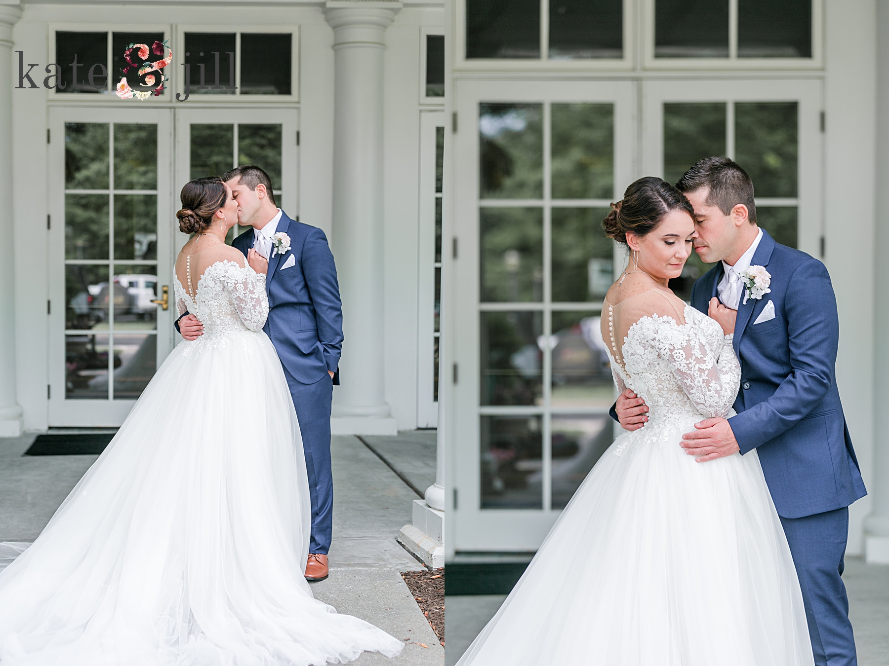 grooms arms wrapped around bride kissing