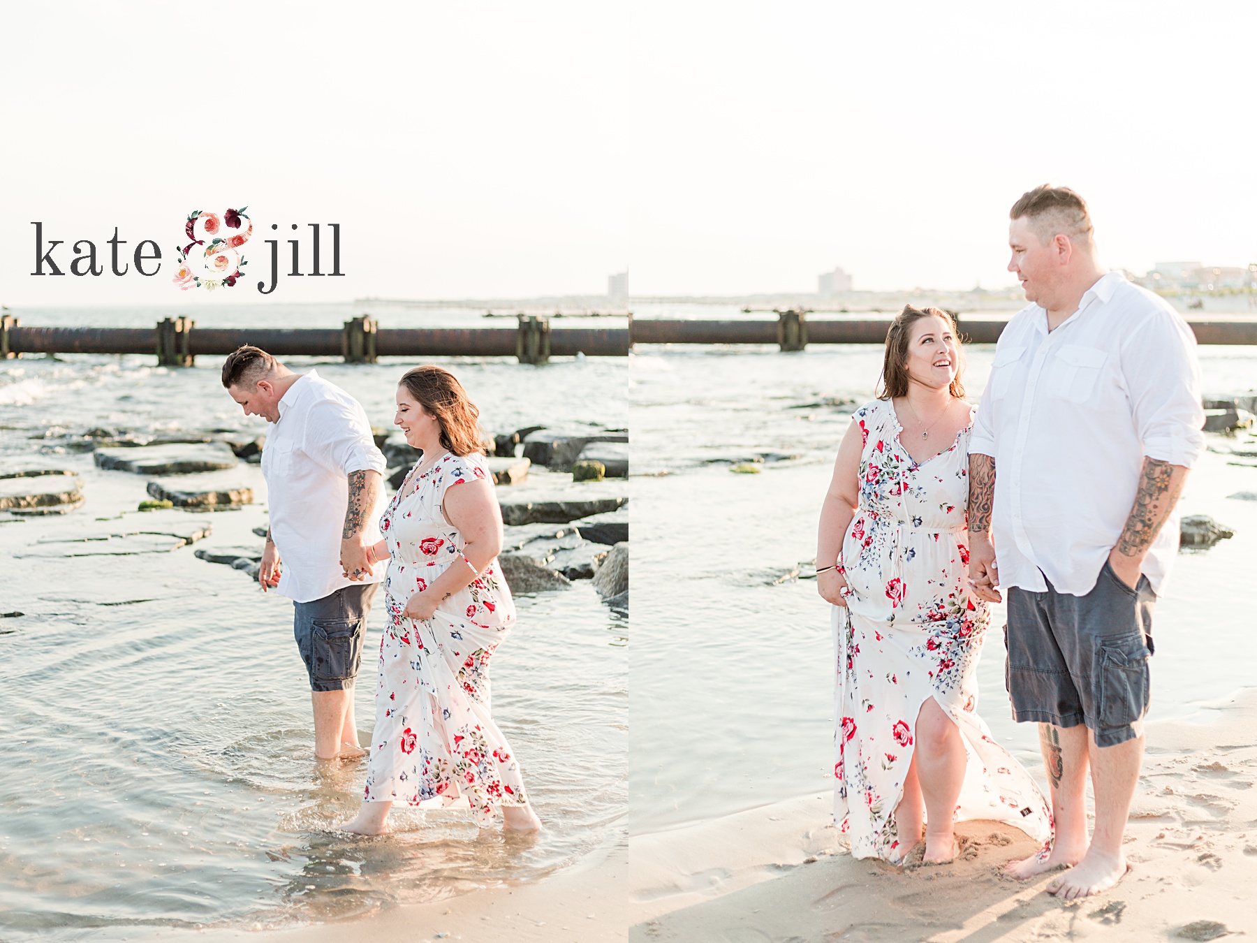 couple walking in water ocean city engagement photos