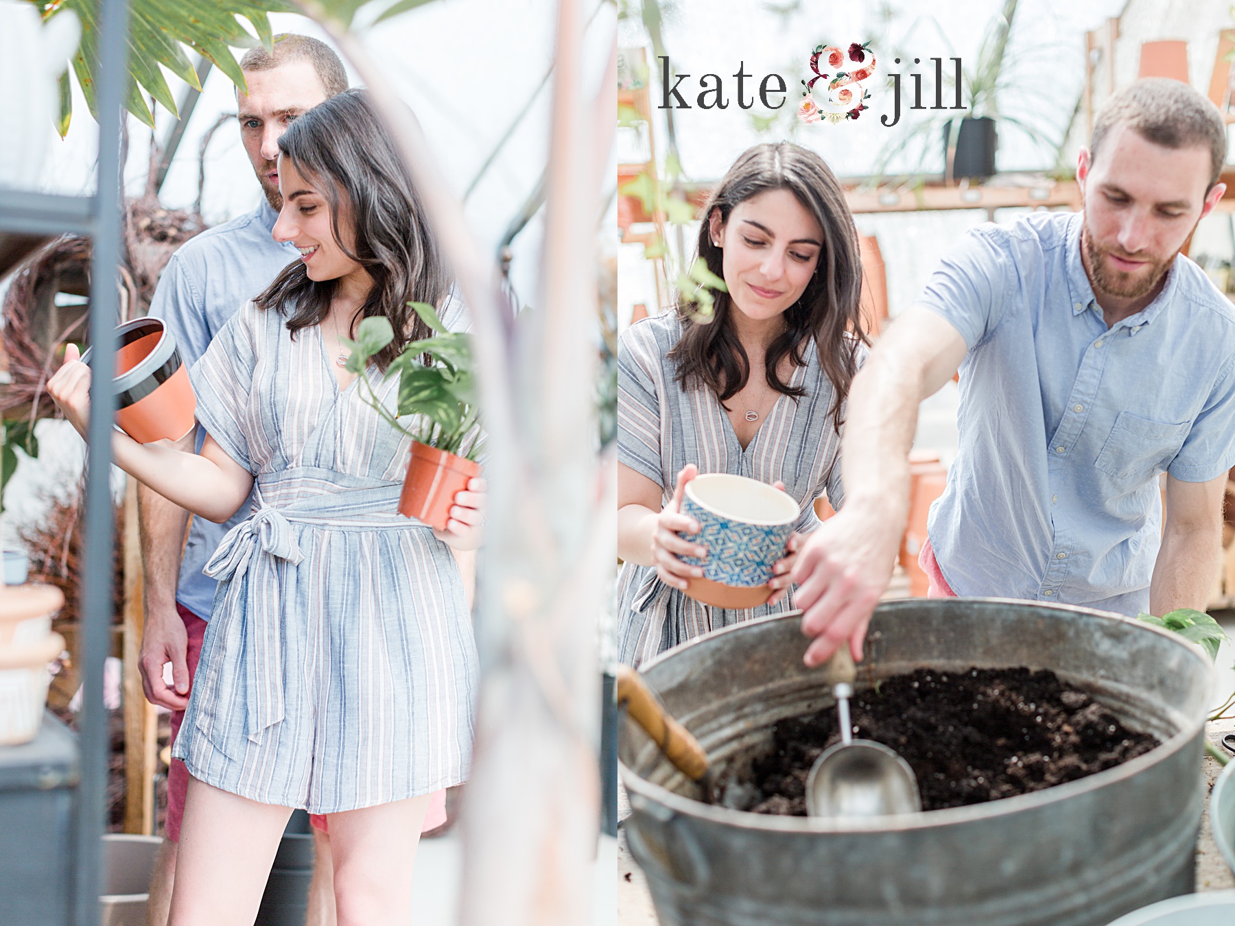 couple gardening together at engagement session