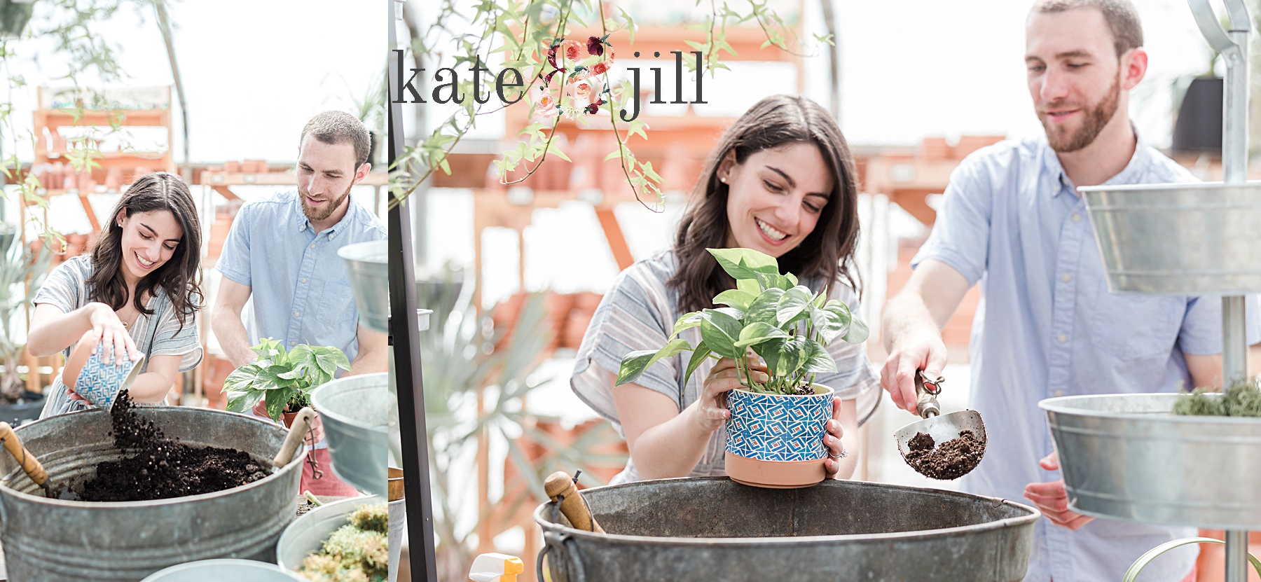 couple gardening together at engagement session