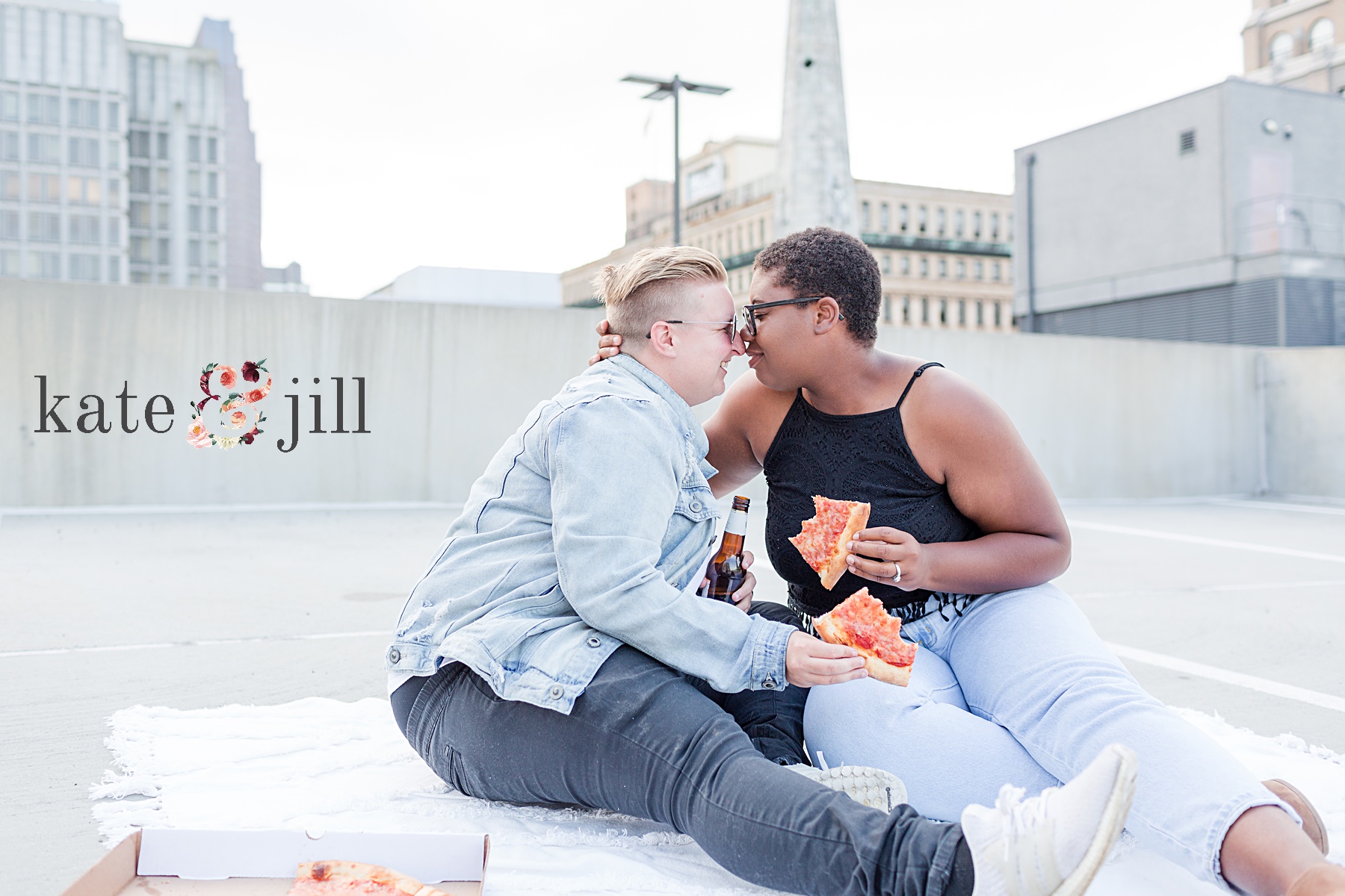 couple eating pizza together philadelphia rooftop session