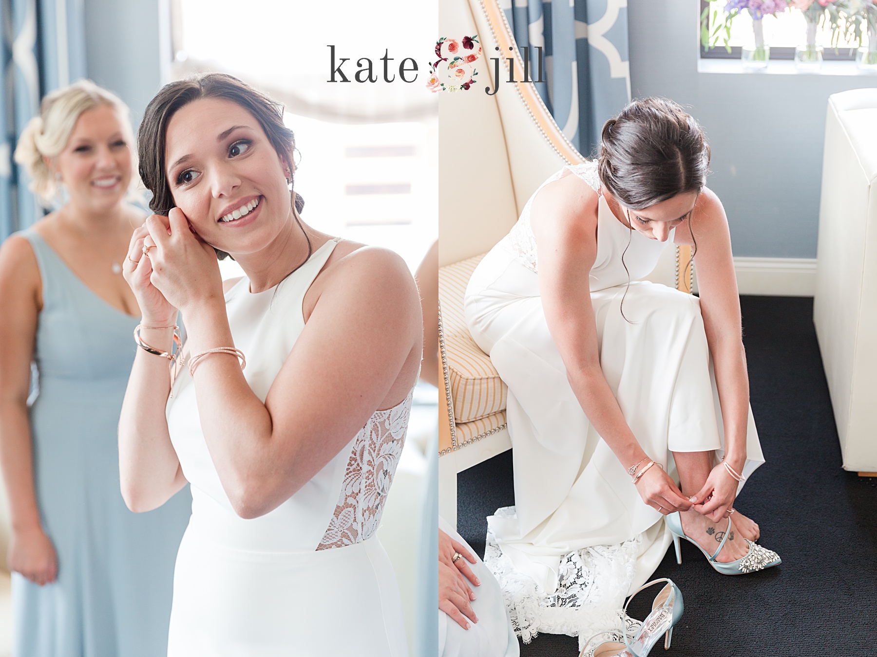 bride putting on earrings and shoes