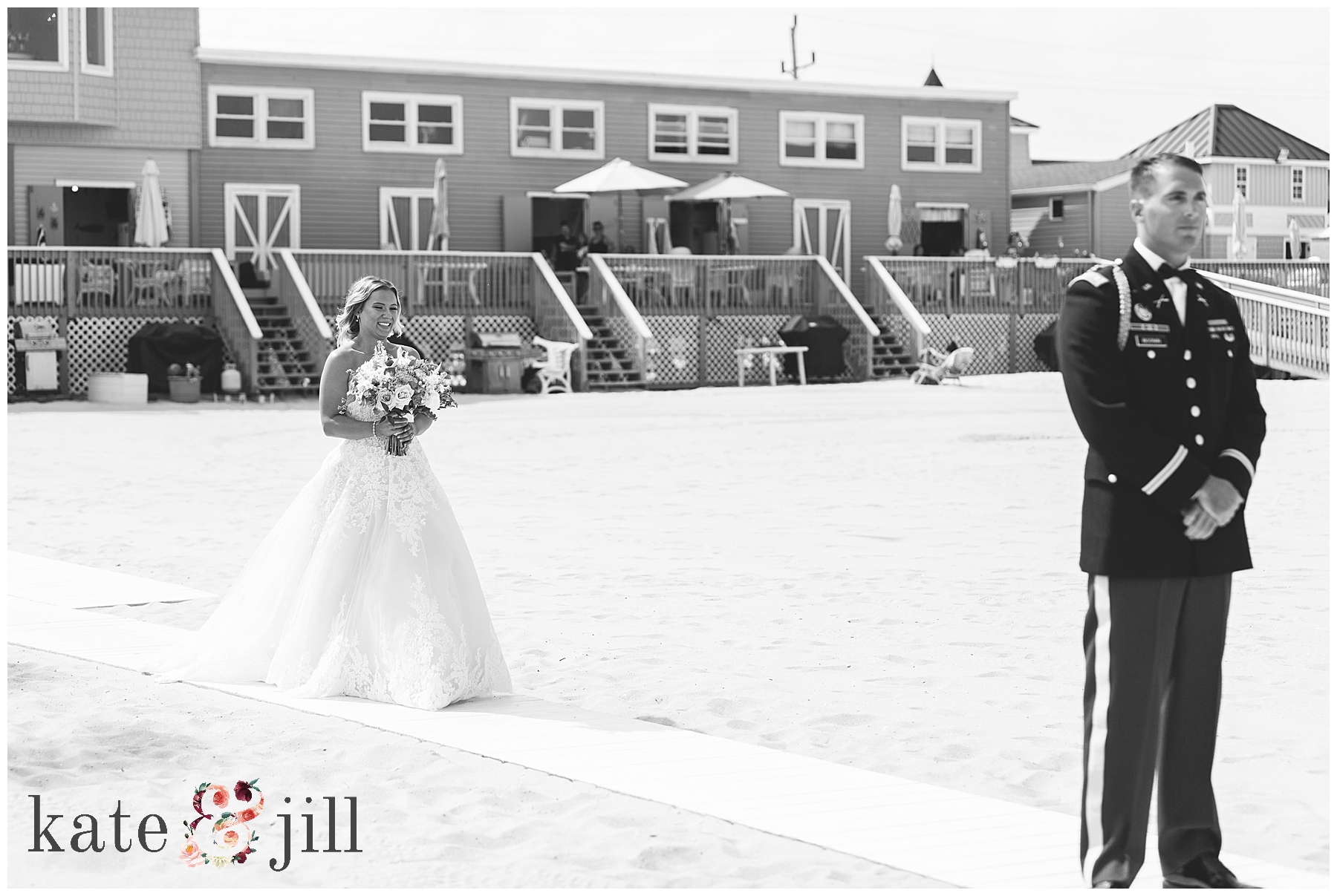 bride and groom first look on beach