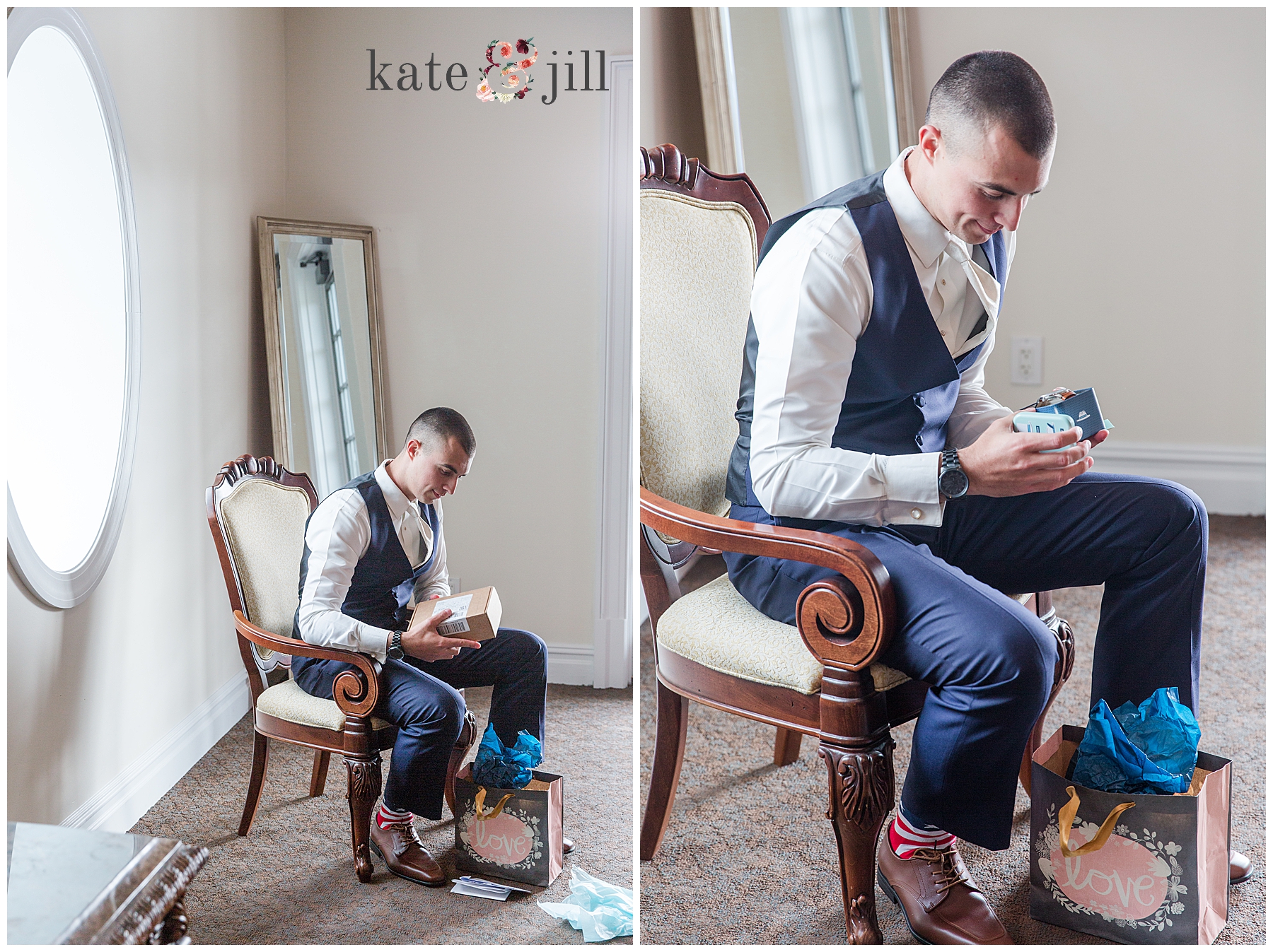 groom opening gift at Carriage House