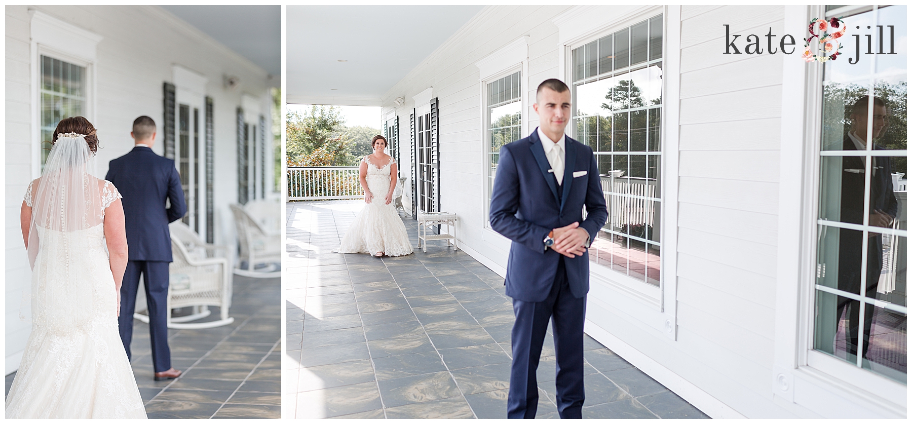 bride and groom first look at Carriage House
