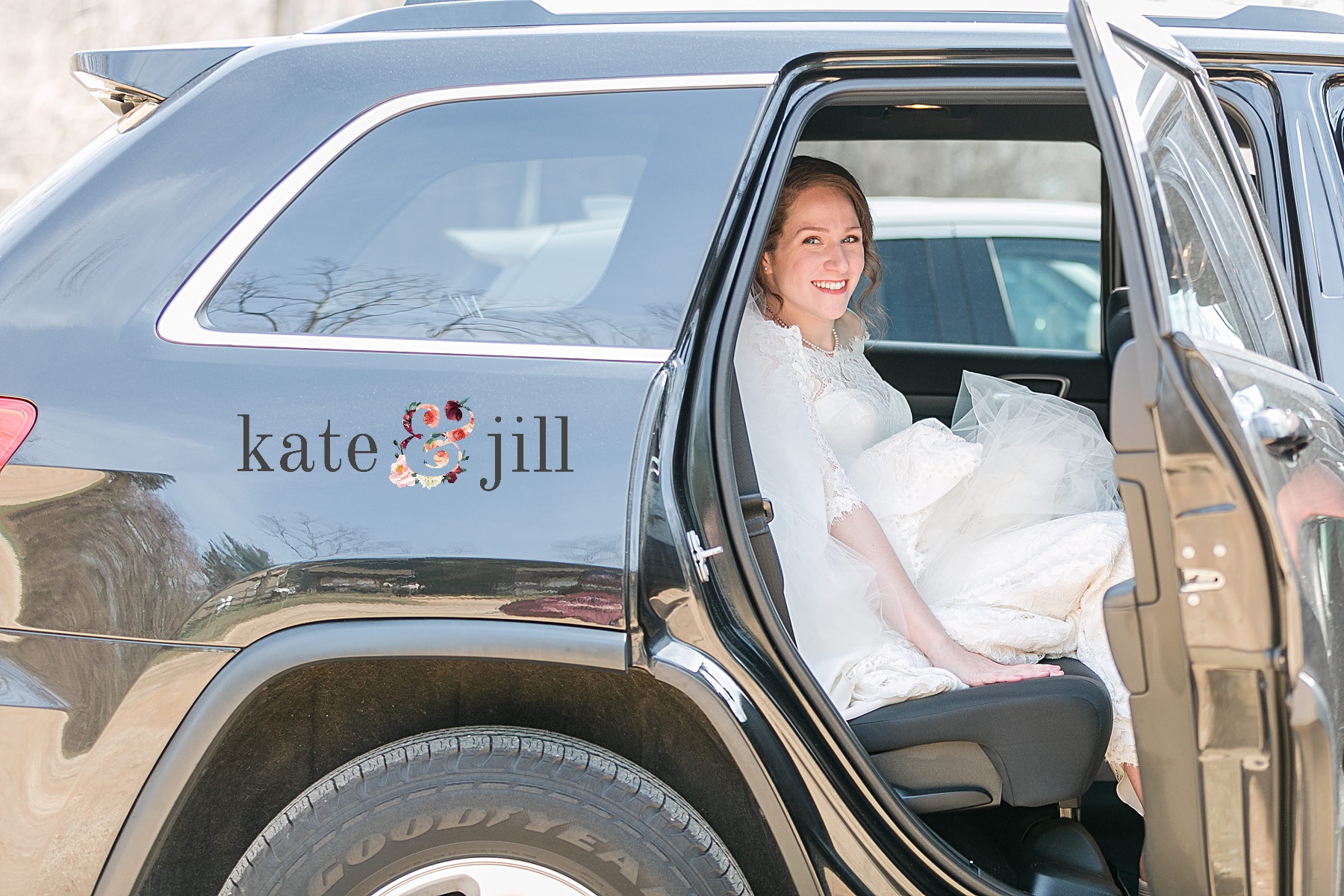 bride in car at historic walnford ceremony before first look