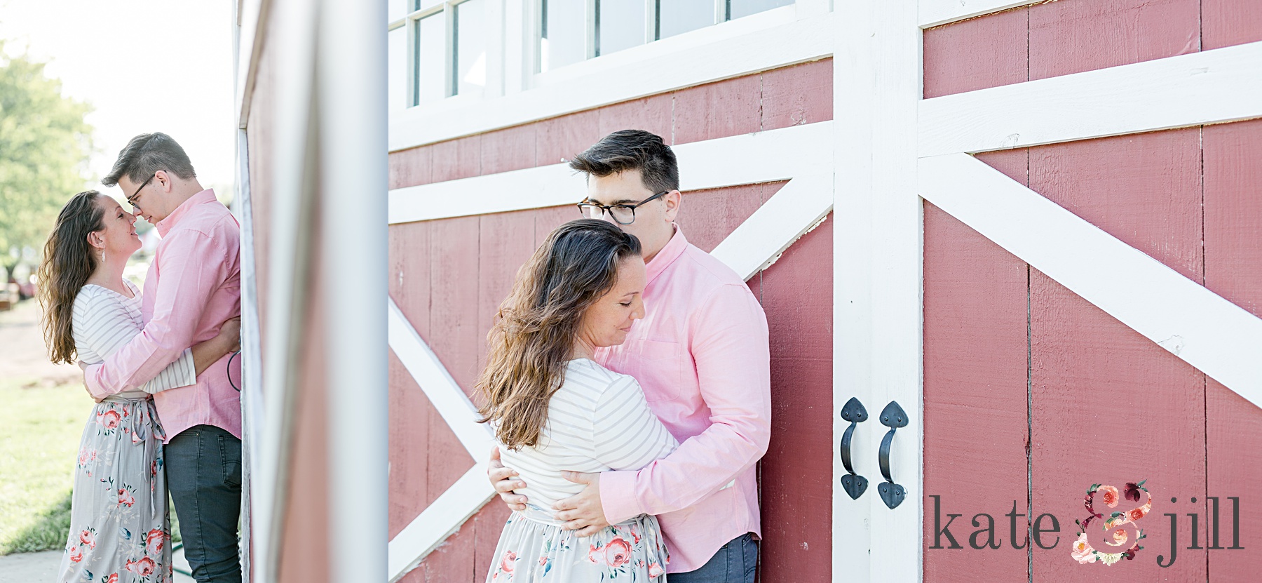 couple kissing in front of a red barn