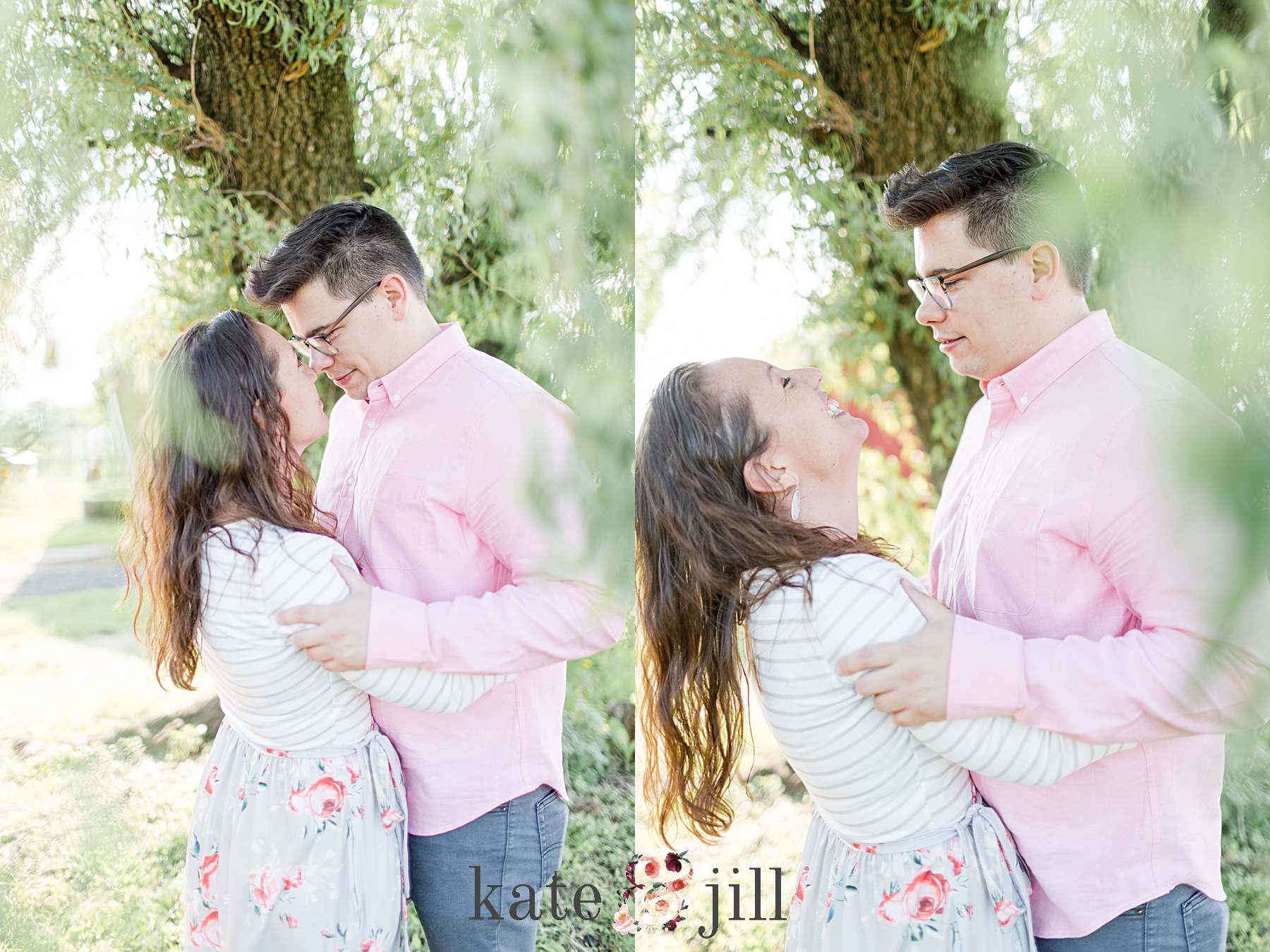 couple laughing together under a willow tree terhune orchards engagement photos