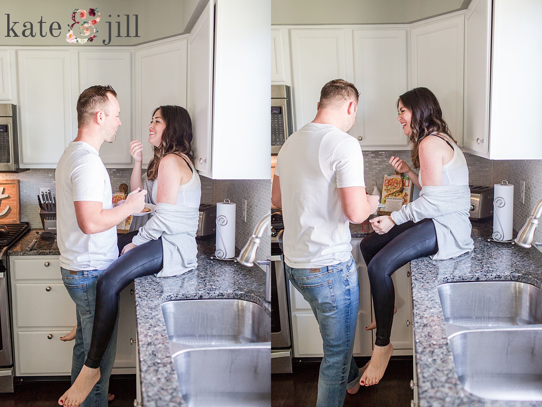 couple kissing on kitchen counter